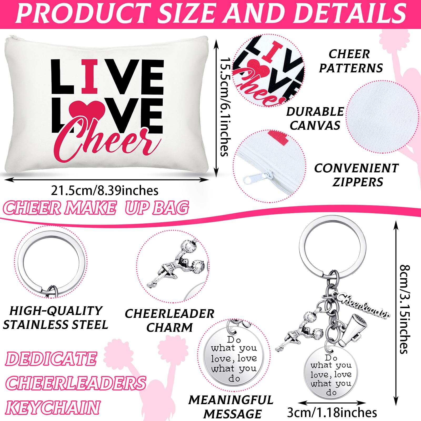 Irenare 4 Pcs Cheerleader Gifts Set 12 oz Cheer Tumbler Makeup Bag Cheerleading Bracelet Cheer Keychain for Cheer Accessories(Pink)