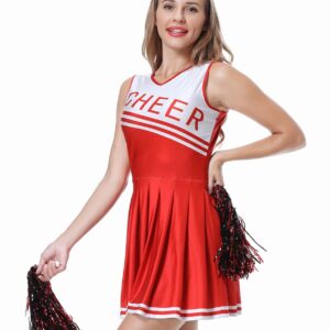 GRAJTCIN Womens Cheerleader Costume High School Girl Halloween Party Cheerleading Outfit with Pom Pom(Large, Red)