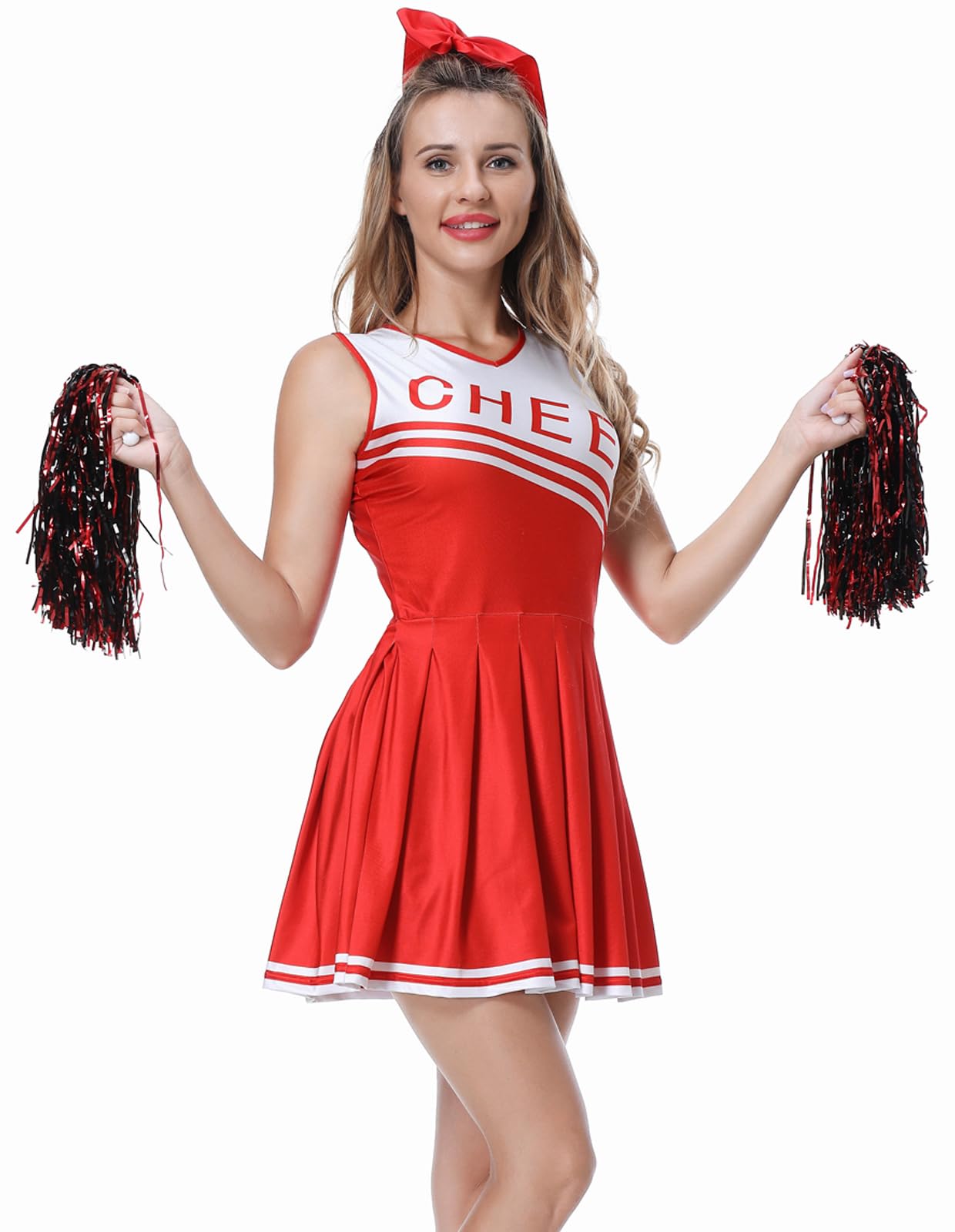 GRAJTCIN Womens Cheerleader Costume High School Girl Halloween Party Cheerleading Outfit with Pom Pom(Large, Red)