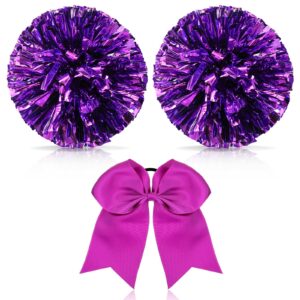 hanaive 3 pcs cheerleading pom poms and large cheerleader hair bow for girl metallic cheer pom poms for teen dance (purple pom,classic style)