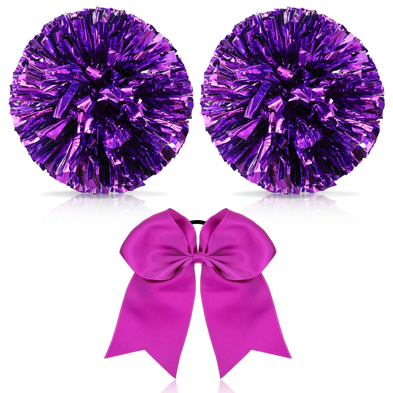 Hanaive 3 Pcs Cheerleading Pom Poms and Large Cheerleader Hair Bow for Girl Metallic Cheer Pom Poms for Teen Dance (Purple Pom,Classic Style)