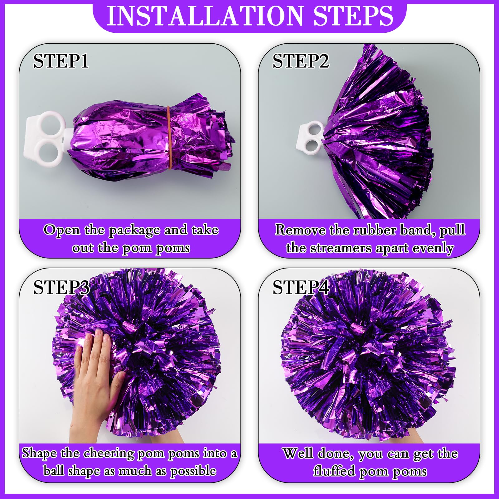 Hanaive 3 Pcs Cheerleading Pom Poms and Large Cheerleader Hair Bow for Girl Metallic Cheer Pom Poms for Teen Dance (Purple Pom,Classic Style)