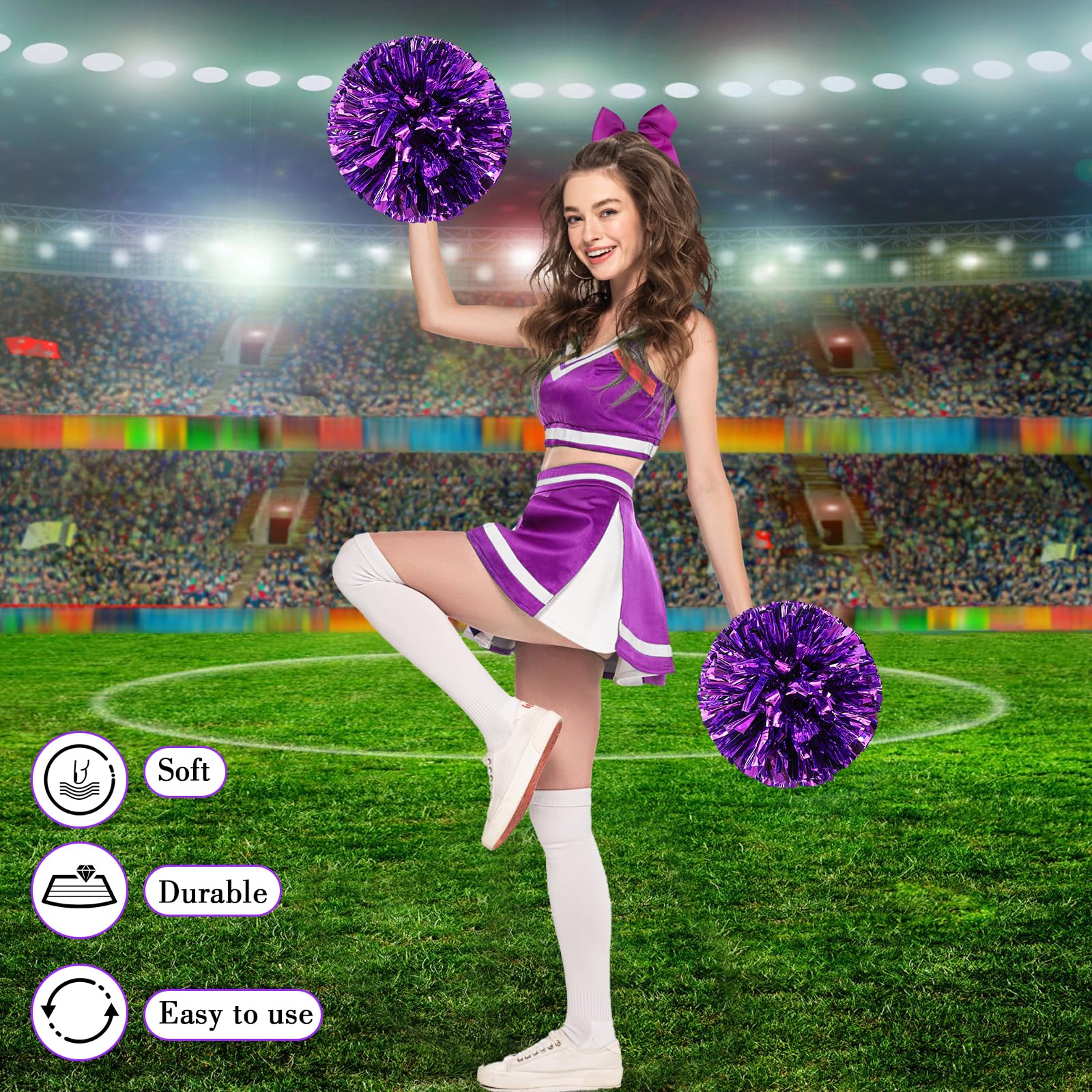 Hanaive 3 Pcs Cheerleading Pom Poms and Large Cheerleader Hair Bow for Girl Metallic Cheer Pom Poms for Teen Dance (Purple Pom,Classic Style)