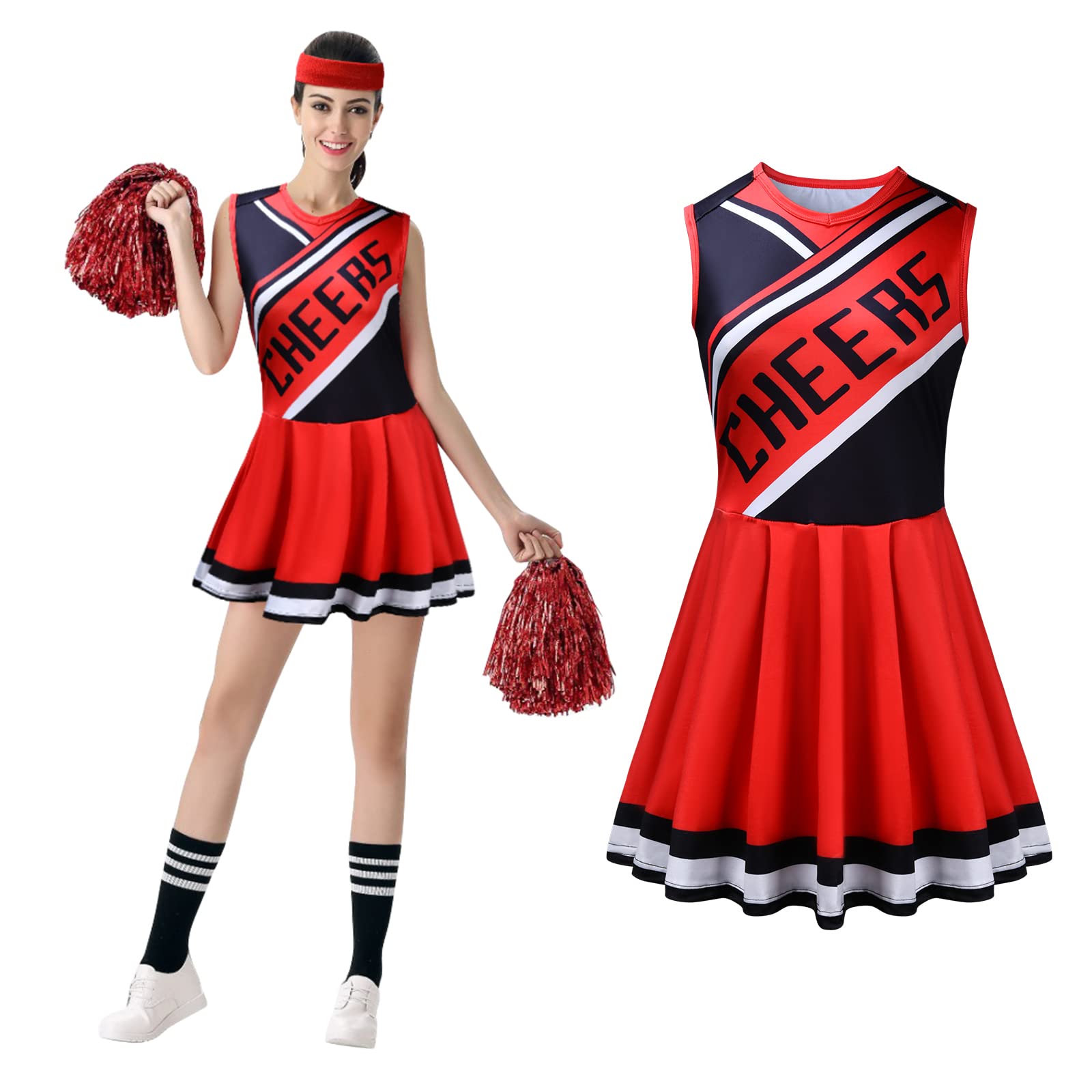 AOMIG Girl's Cheerleader Costumes - Cheerleader Uniform Dress without Sleeve with Pom Poms and Headband, Girl's School Musical Birthday Party Costumes Cheerleader Suit(S,Red)