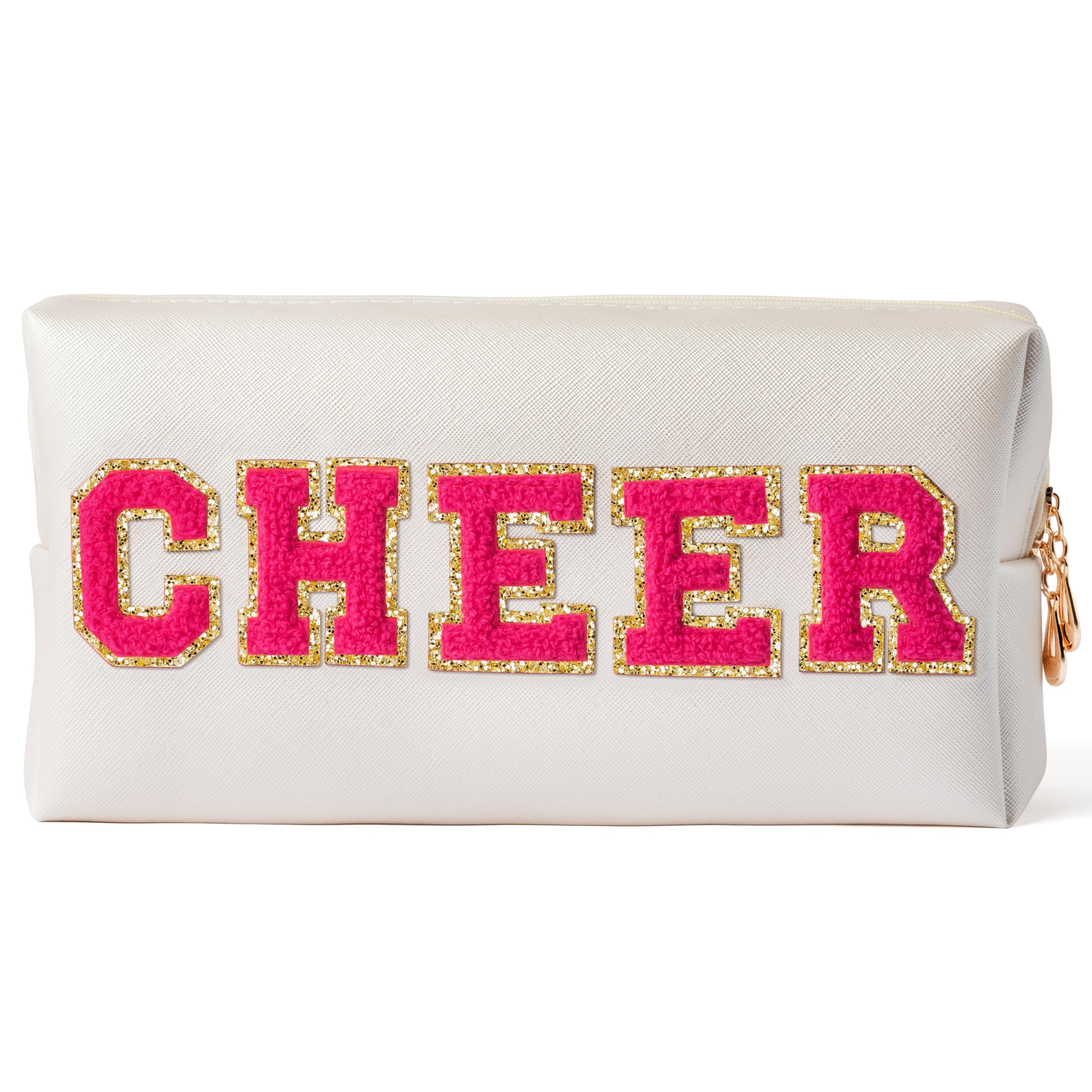 Y1tvei Preppy Patch CHEER Hot Pink Chenille Letter Extra Large Cosmetic Bag PU Leather Waterproof Portable Varsity Cheer Letter Makeup Toiletry Pouch Travel Organizer for Cheerleader Girl (Shell Gold)