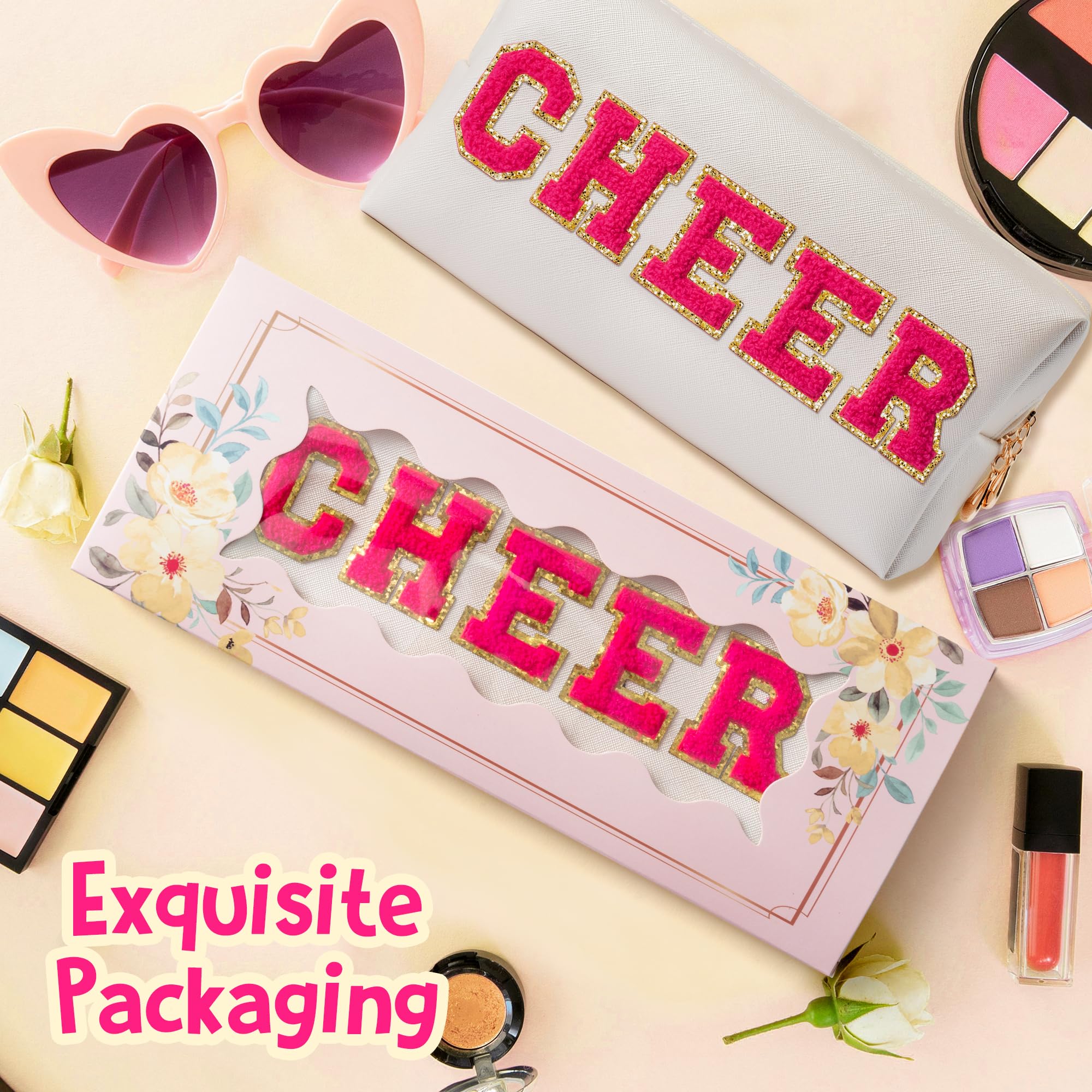 Y1tvei Preppy Patch CHEER Hot Pink Chenille Letter Extra Large Cosmetic Bag PU Leather Waterproof Portable Varsity Cheer Letter Makeup Toiletry Pouch Travel Organizer for Cheerleader Girl (Shell Gold)