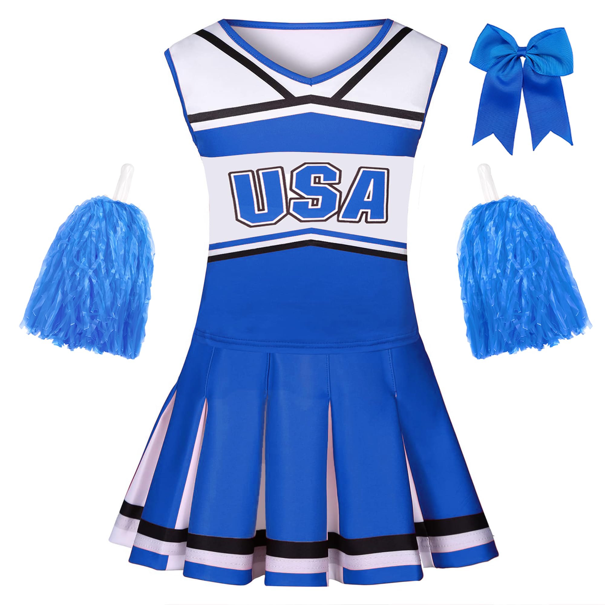 KAKALVER Cheerleader Costume for Girls Cheerleader Outfit with Pom Poms for Halloween Sports Cheerleader Gifts