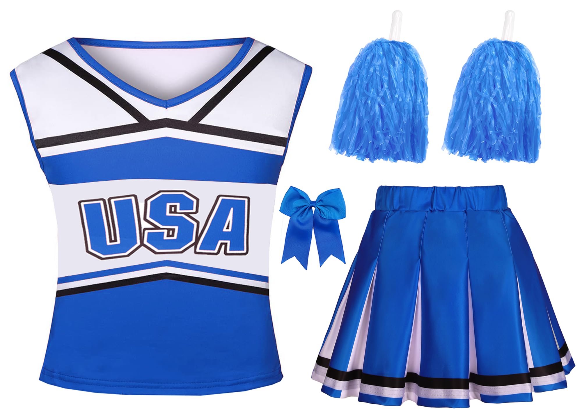 KAKALVER Cheerleader Costume for Girls Cheerleader Outfit with Pom Poms for Halloween Sports Cheerleader Gifts