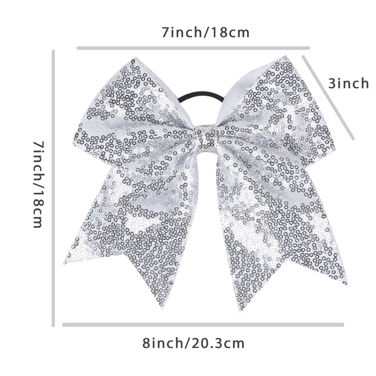 2 PCS 7" Large Glitter Cheer Bows Sequin Cheer Hair Bow Ties with Elastic Shiny Hair Bows Ponytail Holder Handmade for Cheerleader Girls Softball Sports Hair Accessories for Teens Kids(Silver)