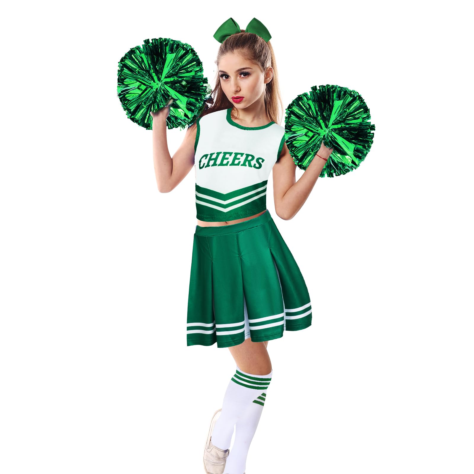 Unittype 4 Pieces Girls Cheerleader Costumes Outfit Cheer Uniform Halloween Dress for Party Birthday (Green, 5-6 Y)