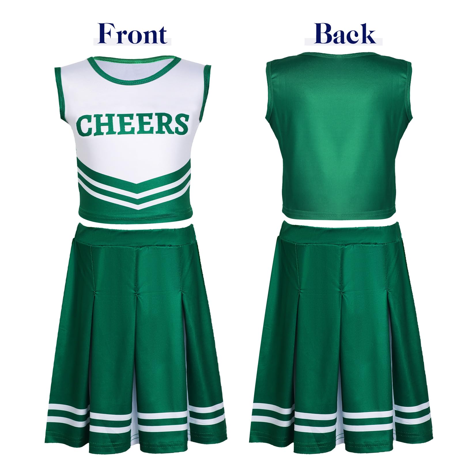 Unittype 4 Pieces Girls Cheerleader Costumes Outfit Cheer Uniform Halloween Dress for Party Birthday (Green, 5-6 Y)