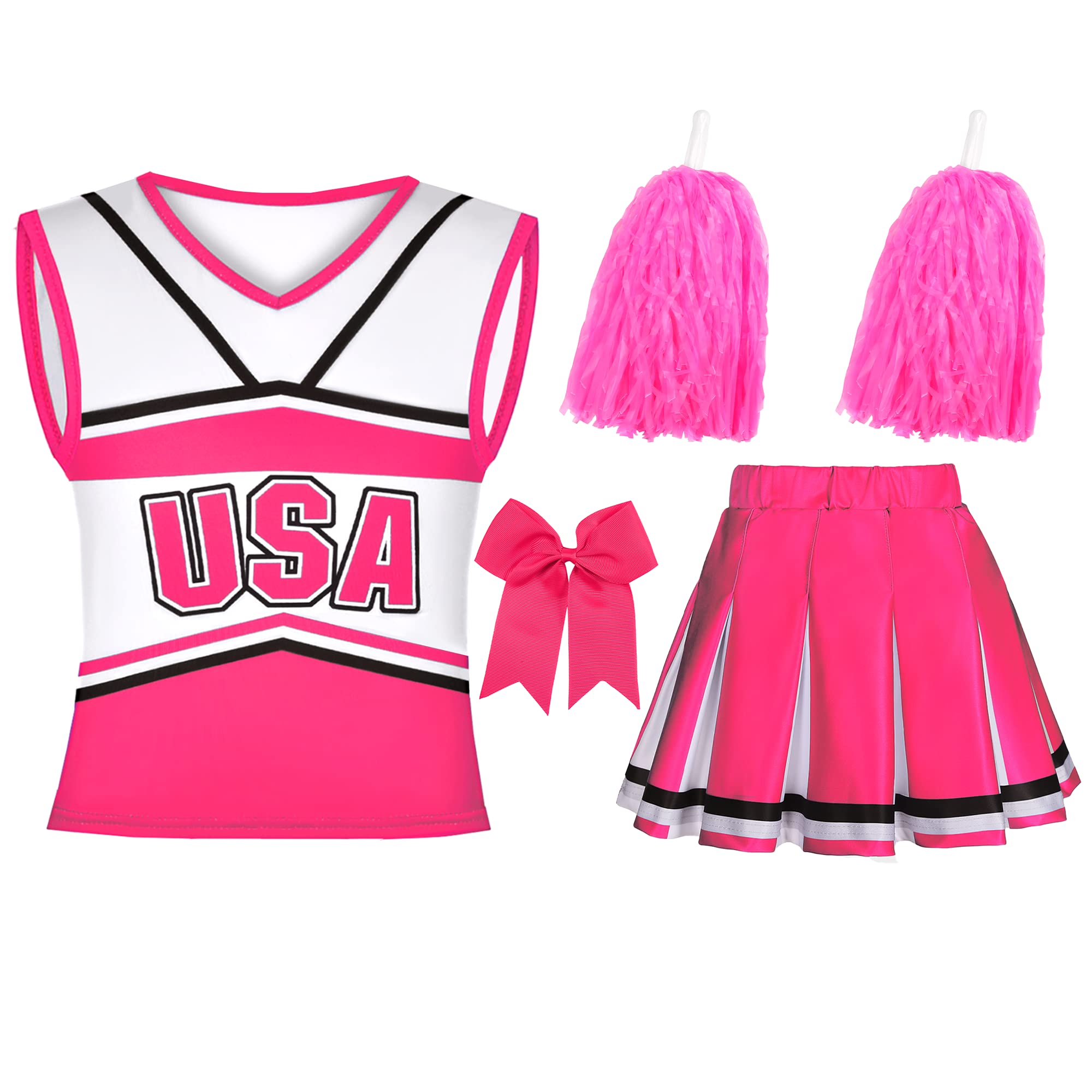 Gukuu&co Cheerleader Costume for Girls USA Cheerleading Outfit with Cheerleader Pom Poms Bow Hair Clip 3-10 Years