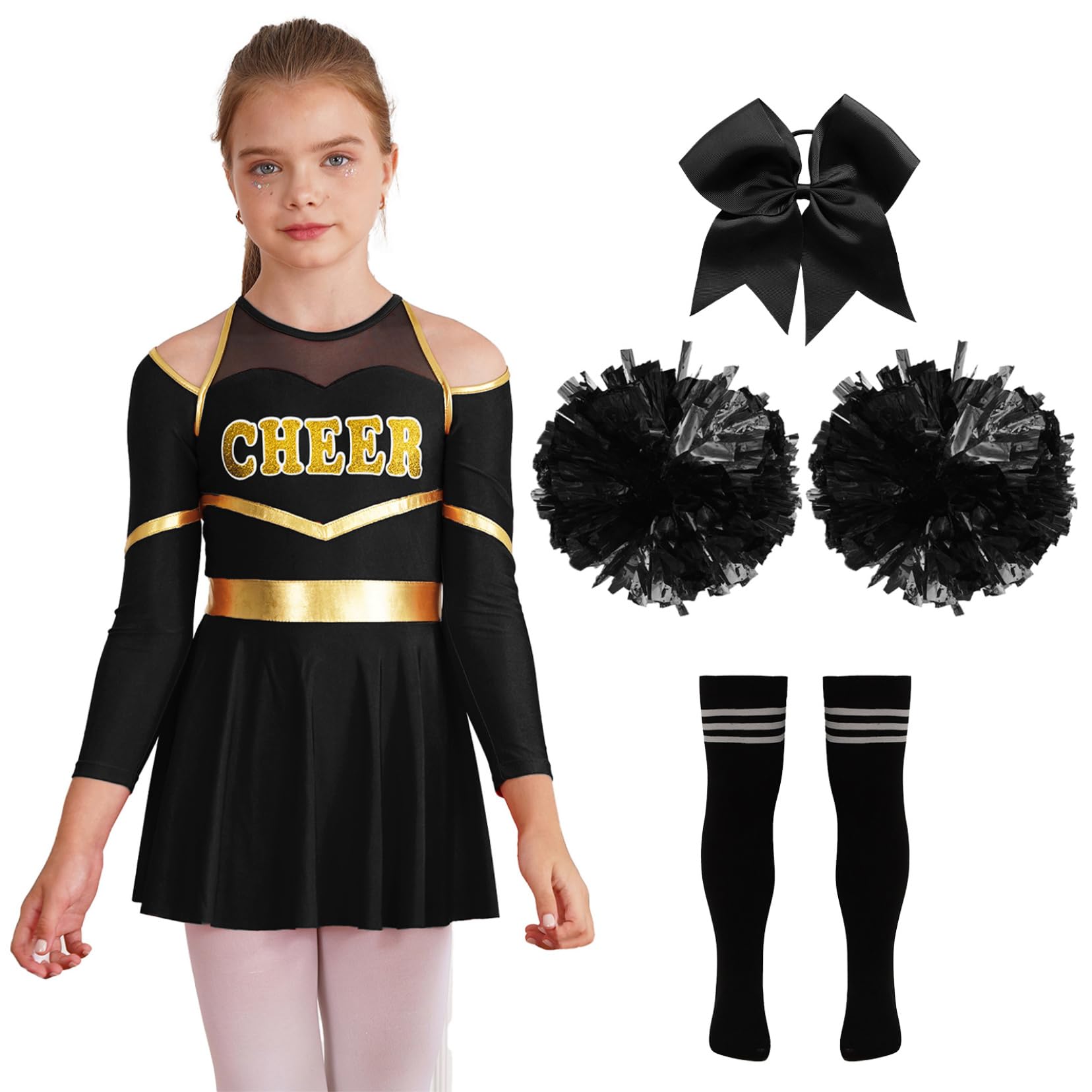 TSSOE Girls Cheerleading Uniform Long Sleeve Leotard Dress Cheer Leader Outfits Performance Costume A01 16 Years