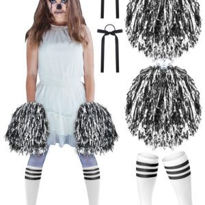 Eurzom 5 Pcs Zombie Cheerleader Costume for Girls 2 Pom Poms 2 Hair Ropes and Socks for Halloween Cheerleader Cosplay Party(Black and White, Child Thin Bow)