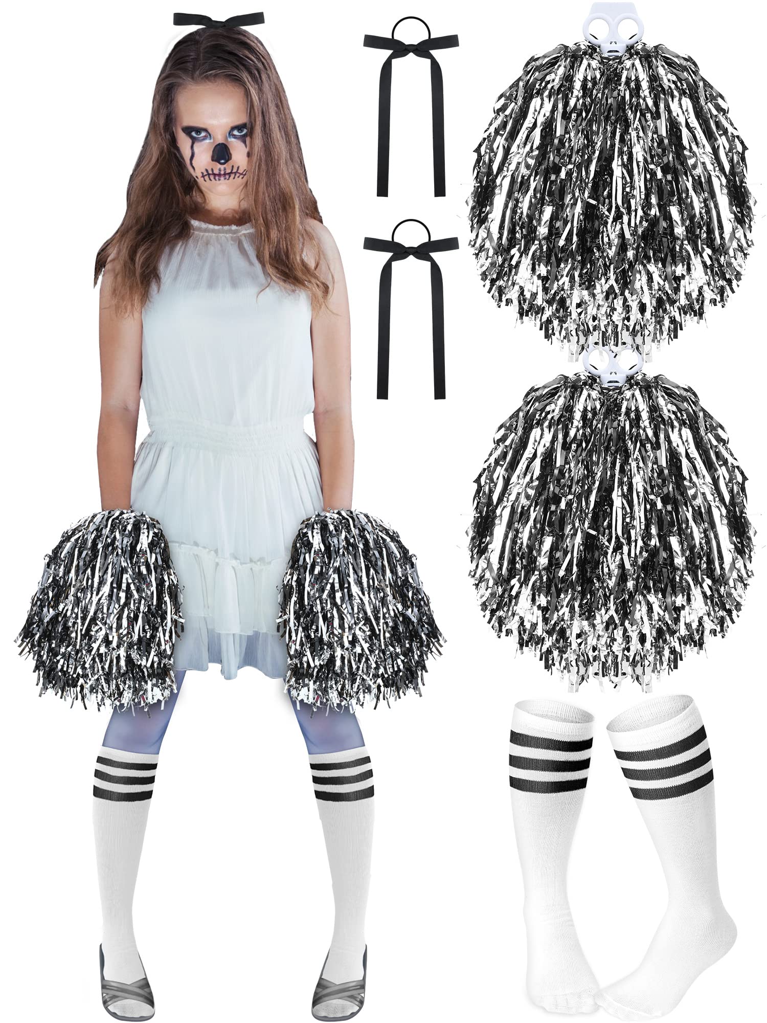 Eurzom 5 Pcs Zombie Cheerleader Costume for Girls 2 Pom Poms 2 Hair Ropes and Socks for Halloween Cheerleader Cosplay Party(Black and White, Child Thin Bow)