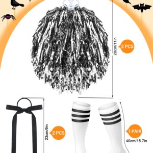 Eurzom 5 Pcs Zombie Cheerleader Costume for Girls 2 Pom Poms 2 Hair Ropes and Socks for Halloween Cheerleader Cosplay Party(Black and White, Child Thin Bow)