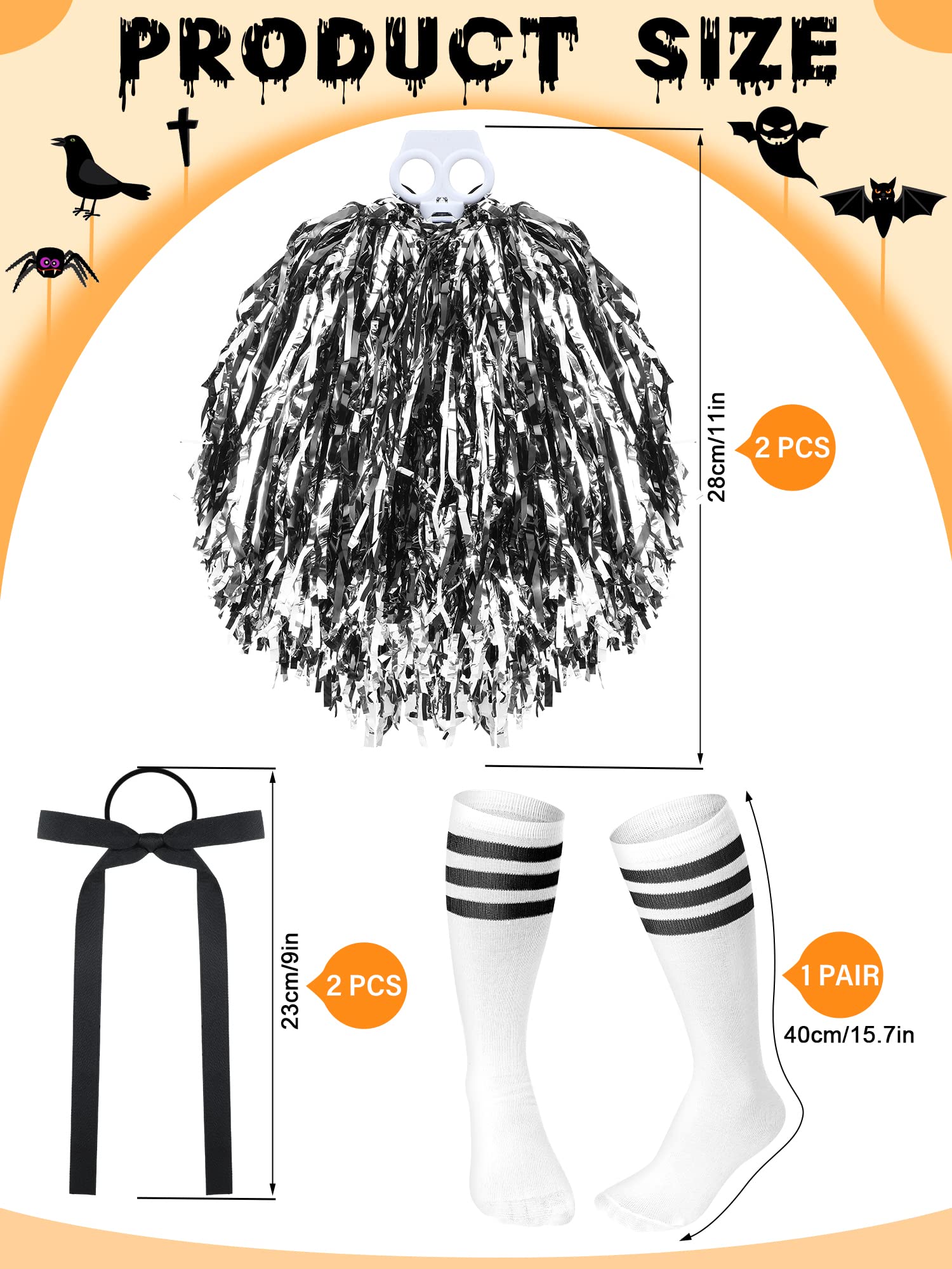 Eurzom 5 Pcs Zombie Cheerleader Costume for Girls 2 Pom Poms 2 Hair Ropes and Socks for Halloween Cheerleader Cosplay Party(Black and White, Child Thin Bow)