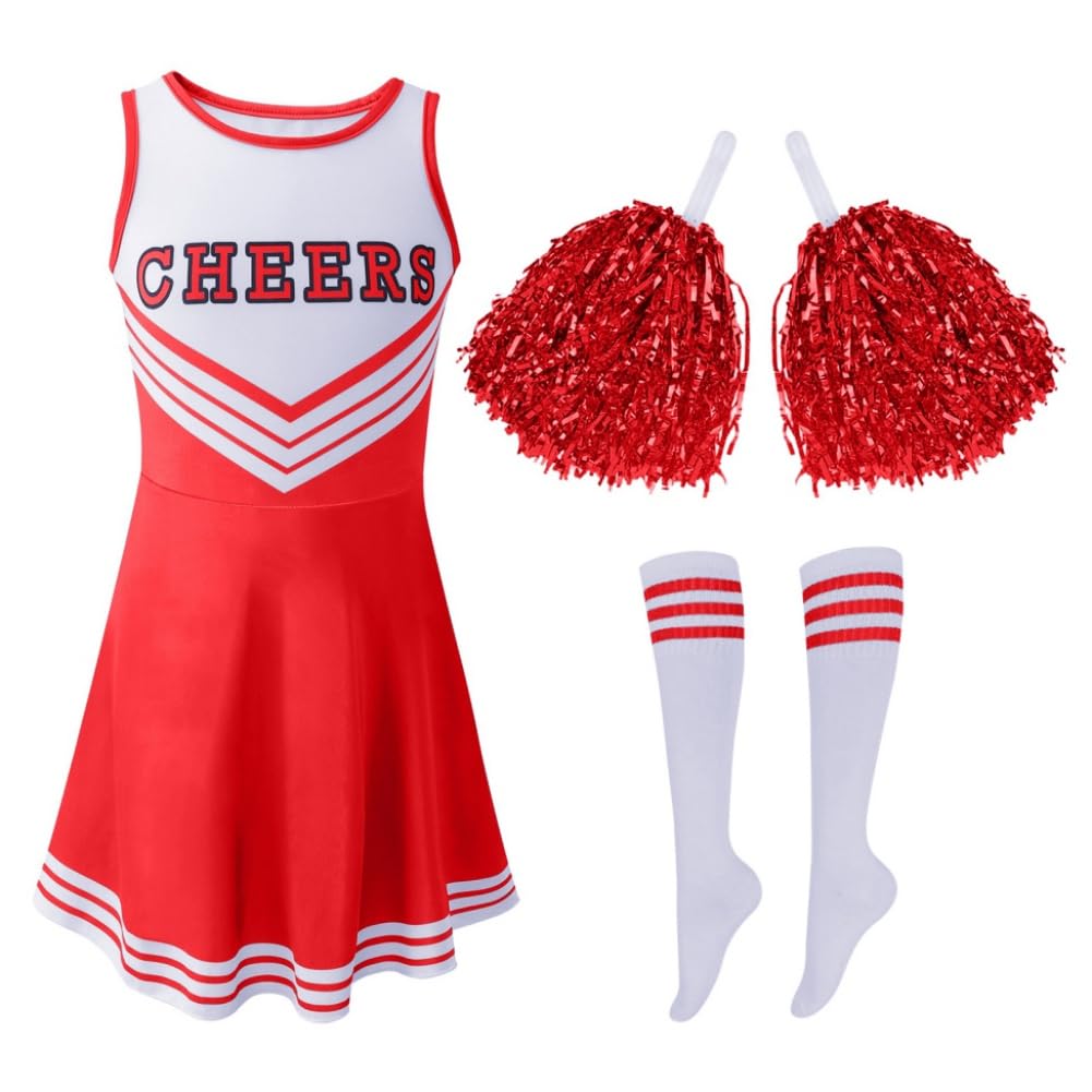 Hotfiary Cheerleader Costume for Girls Toddler Halloween Cheerleading Outfit for Dress Up Party Birthday Gift 3-12 Year