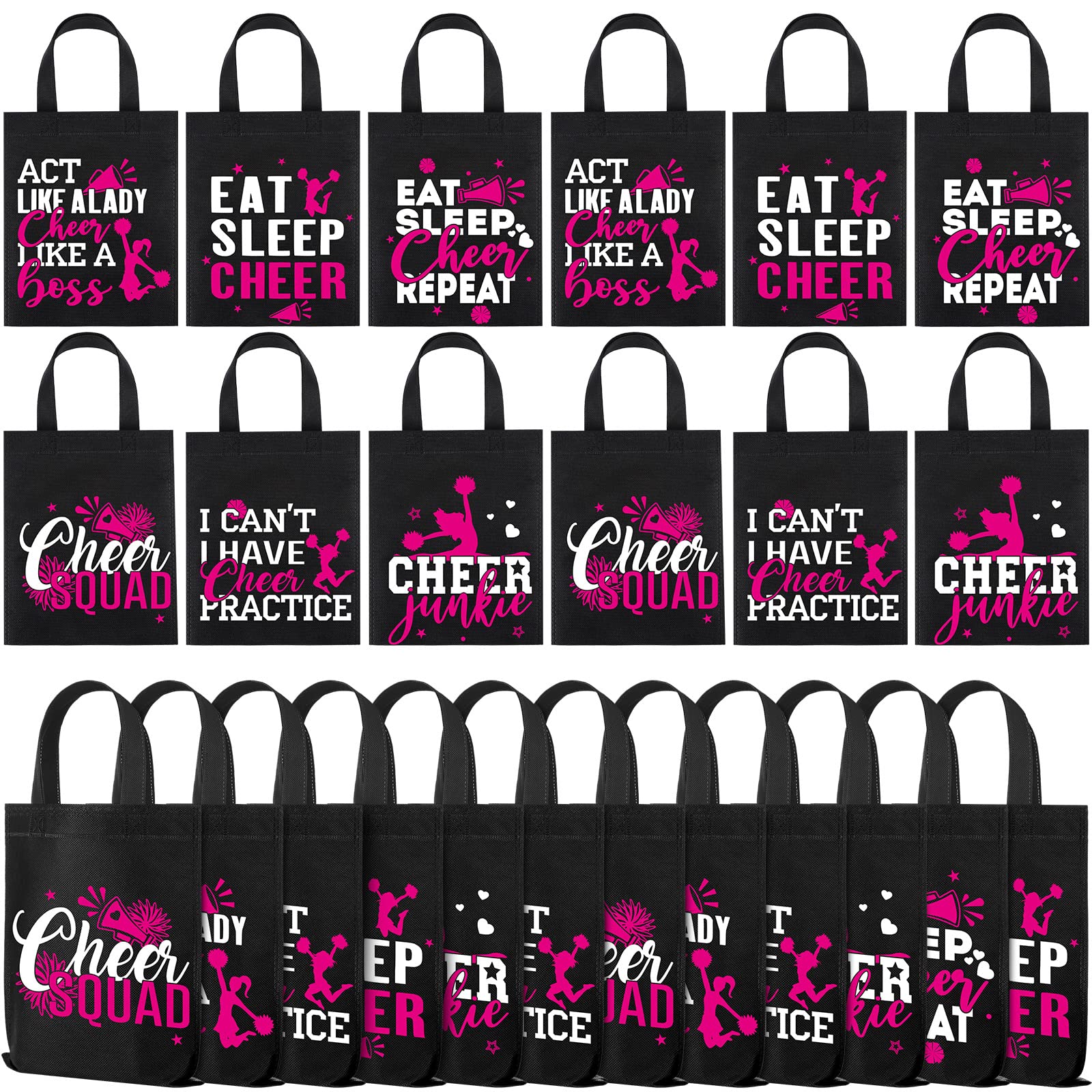 Buryeah 24 Pcs Cheer Bag Cheerleaders Bulk Cheerleading Gift Goodie Snack Treat Bag Non Woven Eat Sleep Cheer Bag for Girls (Black)