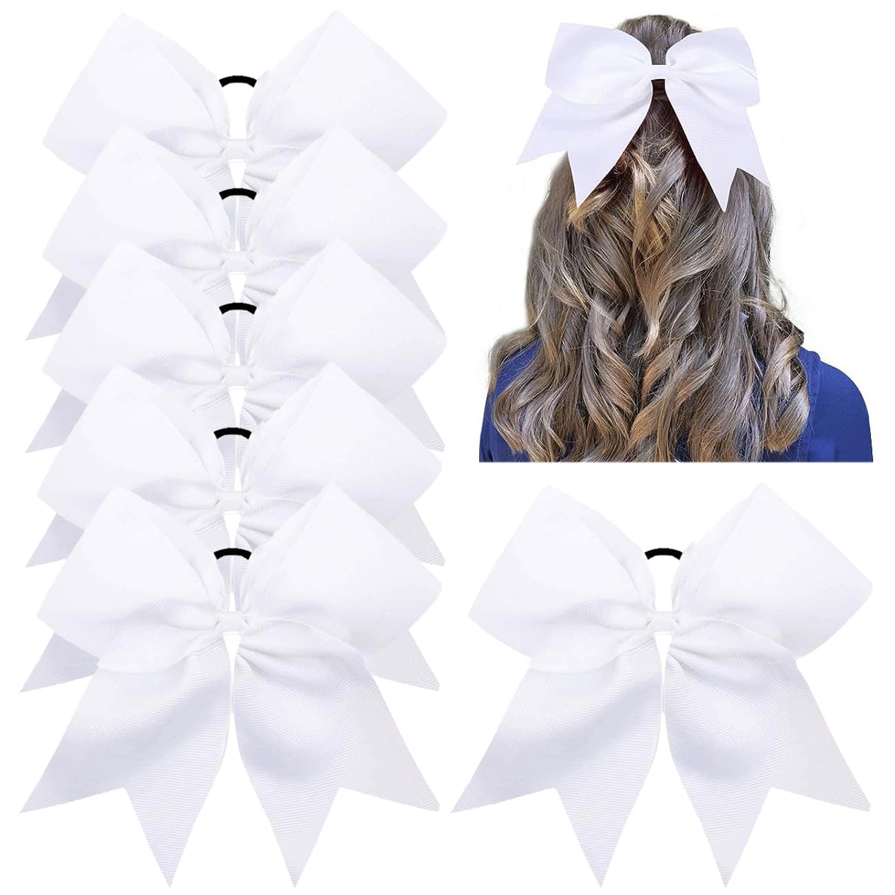 6 Packs Cheer Bows 8 Inch Jumbo Cheerleading Hair Bow Large Cheer Hair Bows with Ponytail Holder for Teen Girls Softball Cheerleader Hair Bows (White)