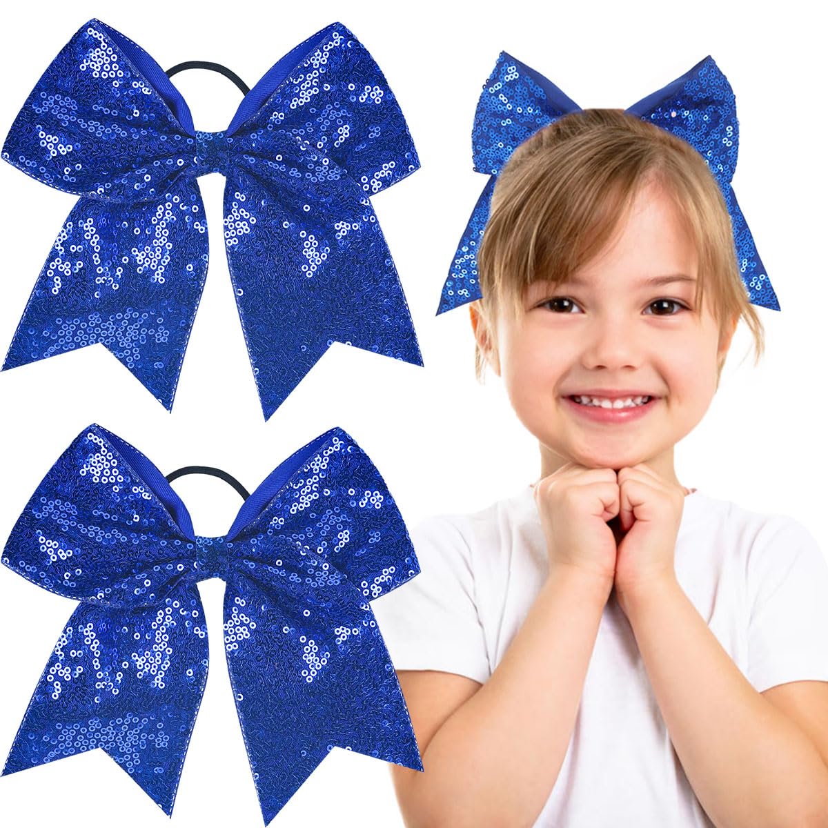 2 PCS 8" Large Cheer Bows Sequin Cheer Hair Bows Ponytail Holders Cheerleading Bows for Jumbo Cheerleading Teen Girls Sports (Blue)