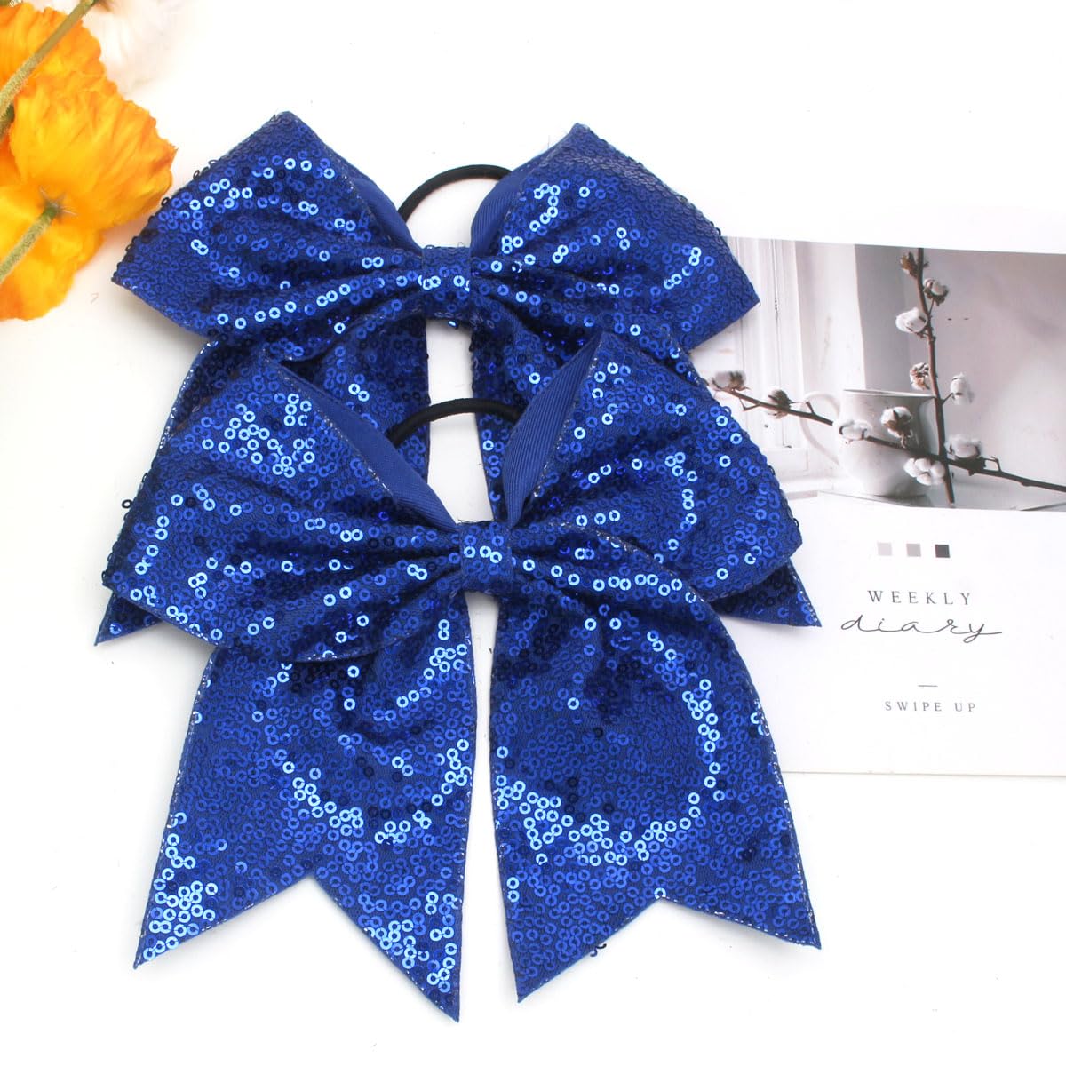 2 PCS 8" Large Cheer Bows Sequin Cheer Hair Bows Ponytail Holders Cheerleading Bows for Jumbo Cheerleading Teen Girls Sports (Blue)