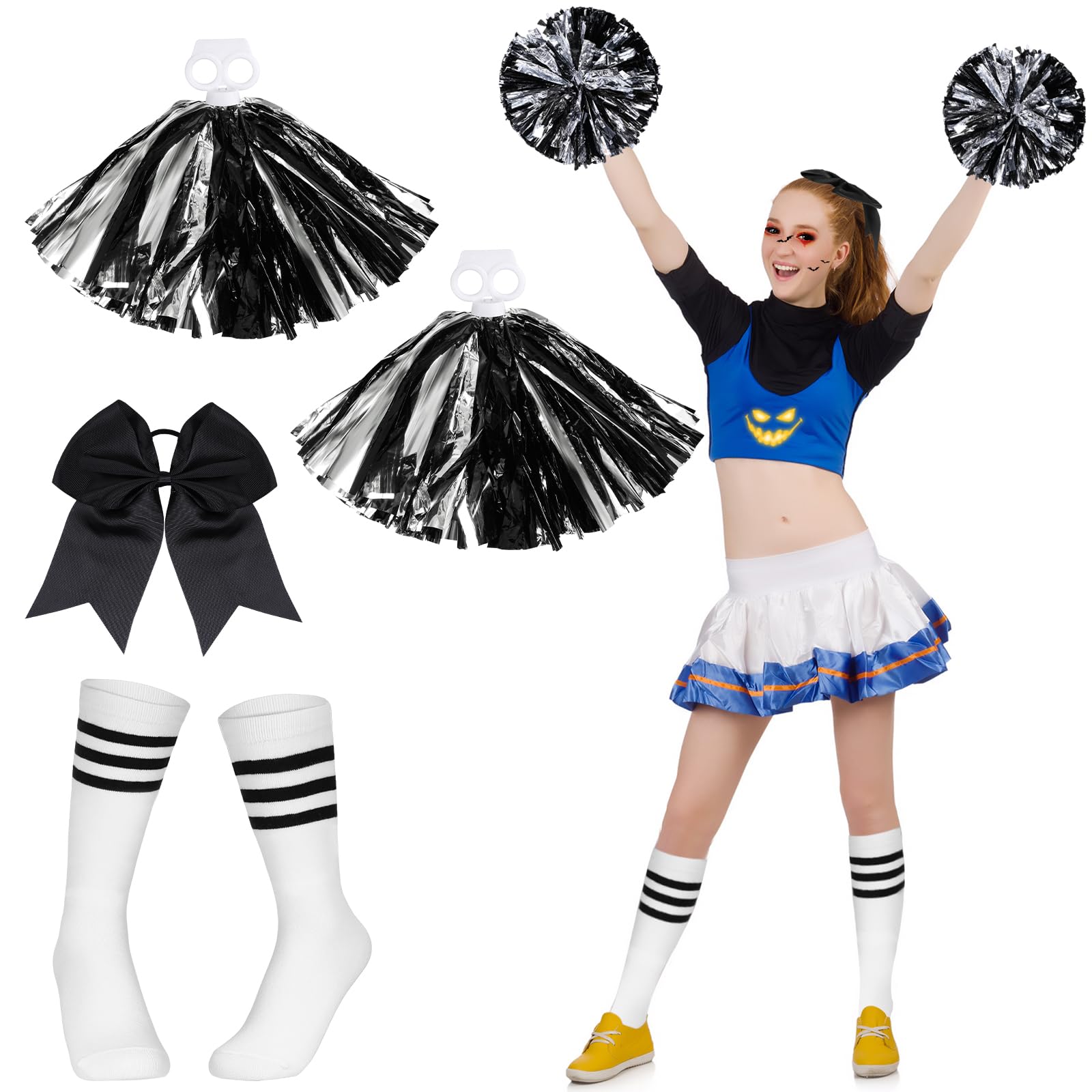 Shinymoon 4 Pcs Zombie Halloween Scary Cheerleader Costume Accessories 2 Pom Poms 1 Hair Bow and Striped Socks for Dress up(Striped, Adult)