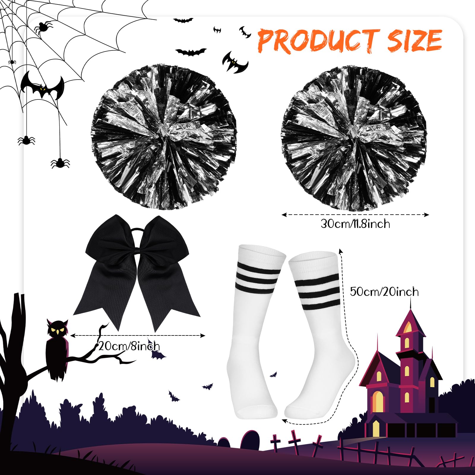 Shinymoon 4 Pcs Zombie Halloween Scary Cheerleader Costume Accessories 2 Pom Poms 1 Hair Bow and Striped Socks for Dress up(Striped, Adult)