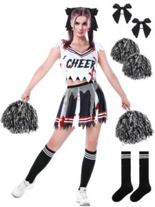 xtinmee halloween zombie cheerleader costume for women girls scary cheerless bloody dress pom poms hair ropes striped socks (xl)