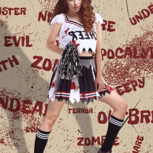 Xtinmee Halloween Zombie Cheerleader Costume for Women Girls Scary Cheerless Bloody Dress Pom Poms Hair Ropes Striped Socks (XL)