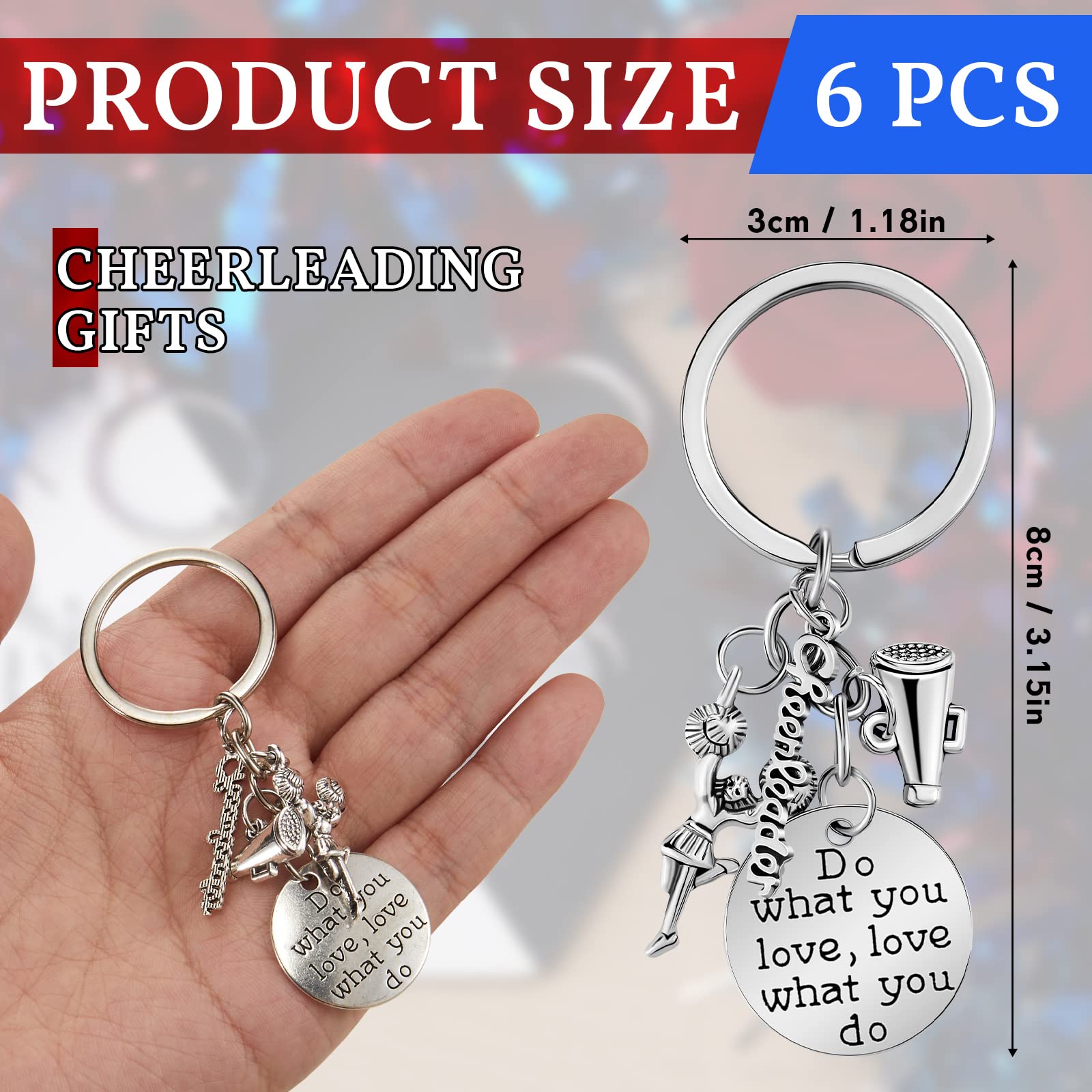 Henoyso 6 Pcs Cheer Keychain Cheerleader Gifts Bulk Cheer Team Gift Cheer Appreciation Jewelry for Girls Cheerleading Charm