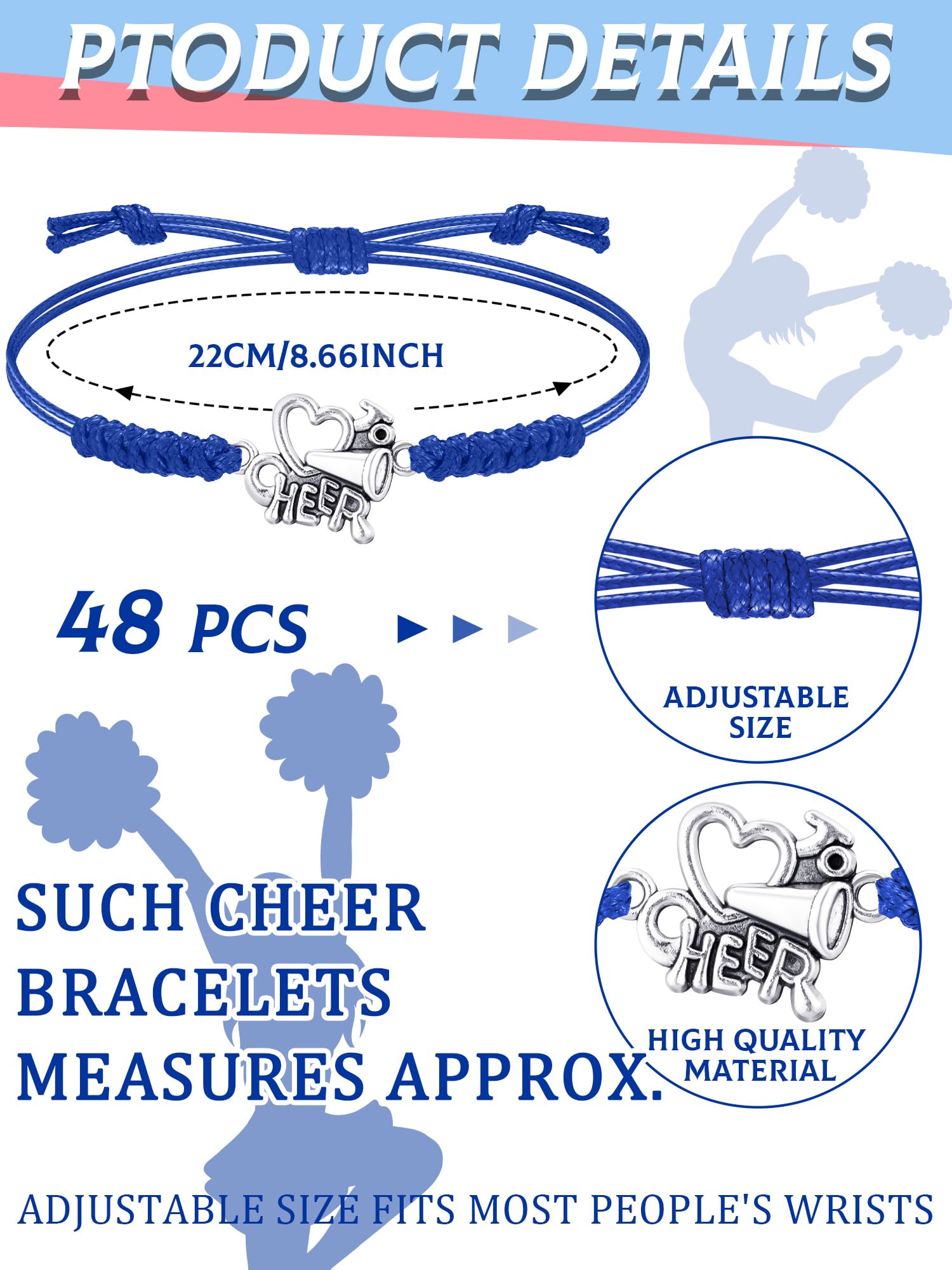 Inbagi 48 Pcs Cheerleader Gifts Cheer Bracelet Girls Cheerleading Charm Bracelet Adjustable Cheerleader Gifts for Cheer Team Cheerleading Jewelry Accessories Bulk (Blue)