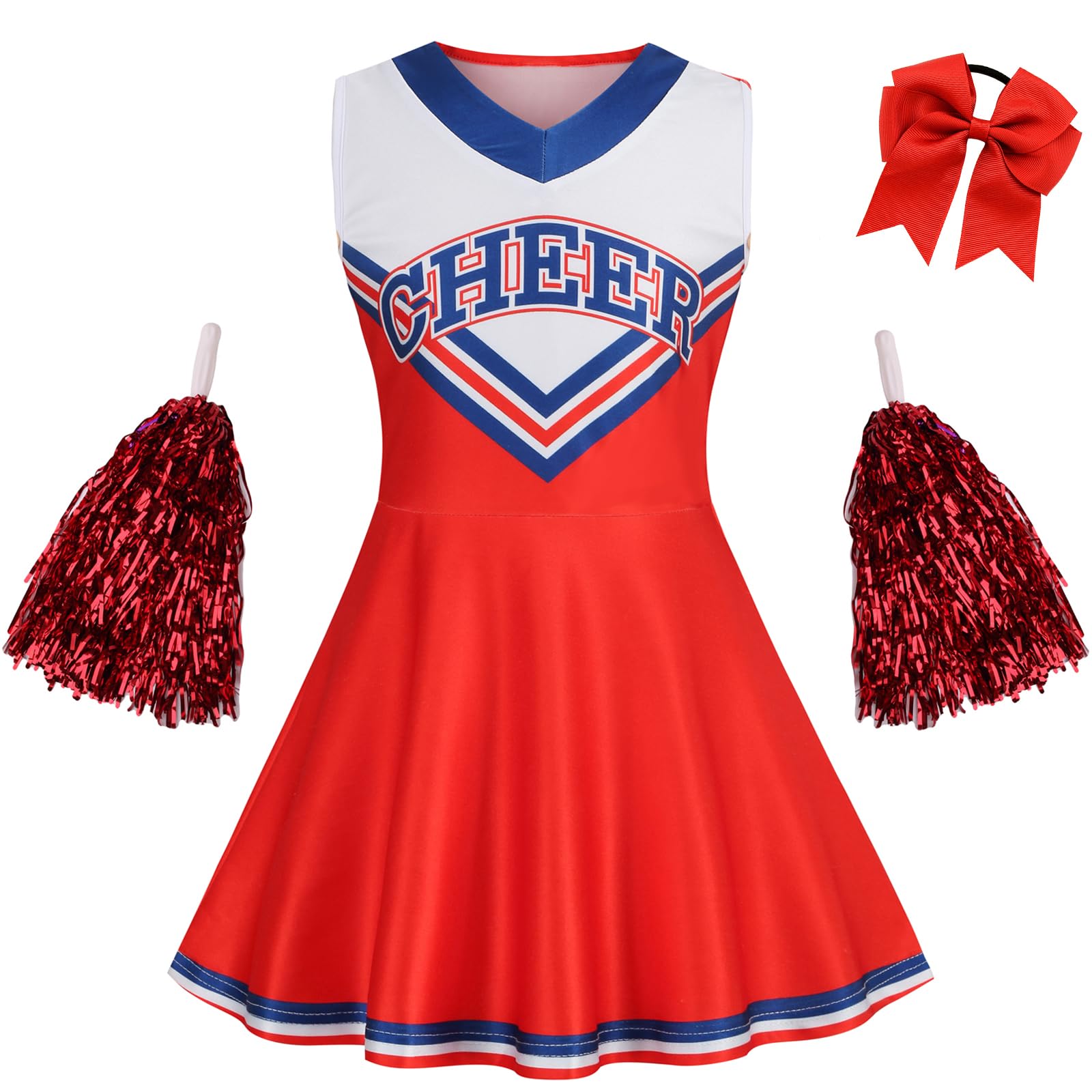 GRAJTCIN Kids Cheerleader Costume for Girls V Neck Cheer Dress Cheerleading Uniform 6-7 Years Halloween Cosplay (130, Red)