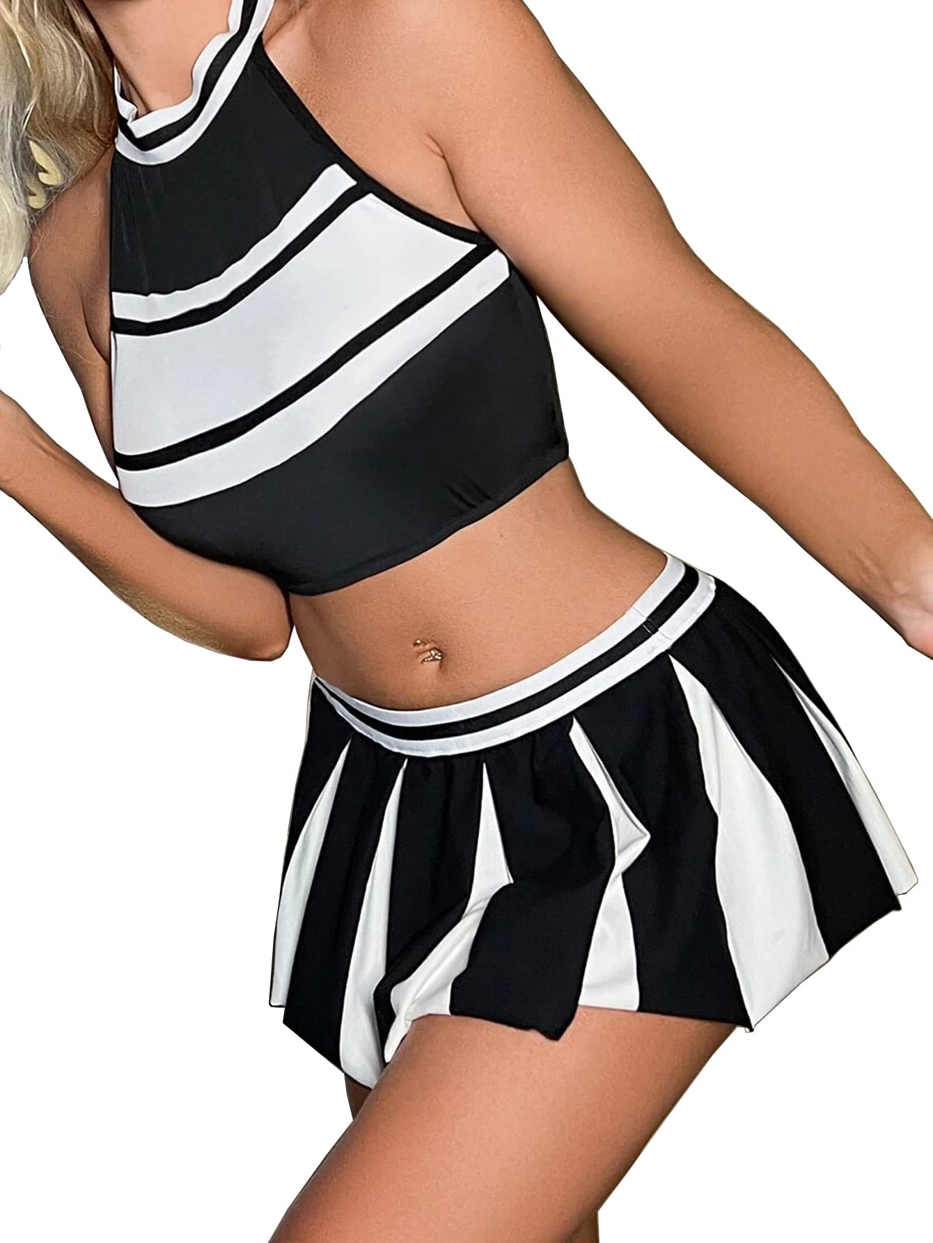 Women Lingerie Sets 3pack Colorblock Cheerleader Costume Set(Q22004-BW-M)