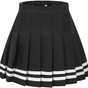 Women's Plaid Skirt, High Waist Pleated School Uniform Cosplay Costume Cheer Skirt, Black with Stripe/New Version, US S