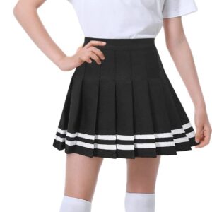 Women's Plaid Skirt, High Waist Pleated School Uniform Cosplay Costume Cheer Skirt, Black with Stripe/New Version, US S