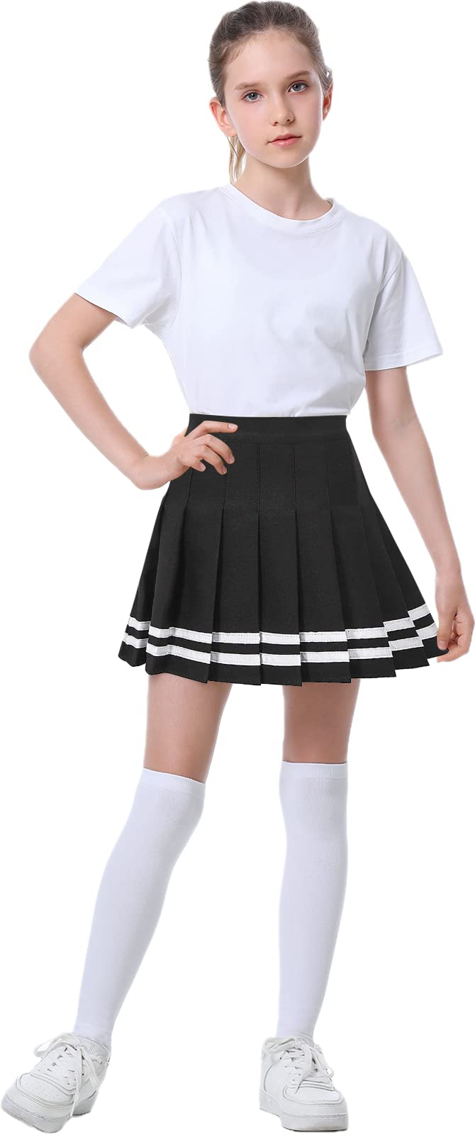 Women's Plaid Skirt, High Waist Pleated School Uniform Cosplay Costume Cheer Skirt, Black with Stripe/New Version, US S