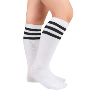 American Trends Kids Toddler Soccer Socks Knee High Tube long Socks Three Stripes Cotton Uniform Sports Socks for Child Boys Girls 1 Pack White Black 6-9 Years