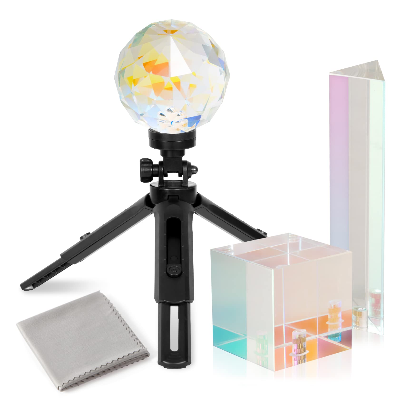 Meking 3Pcs Photography Crystal Prism with Mini Tripod, Camera Lens Optical Crystal Ball Glass, Cube and Pyramid Prism for Rainbow Effect Make Teaching Light Spectrum Physics