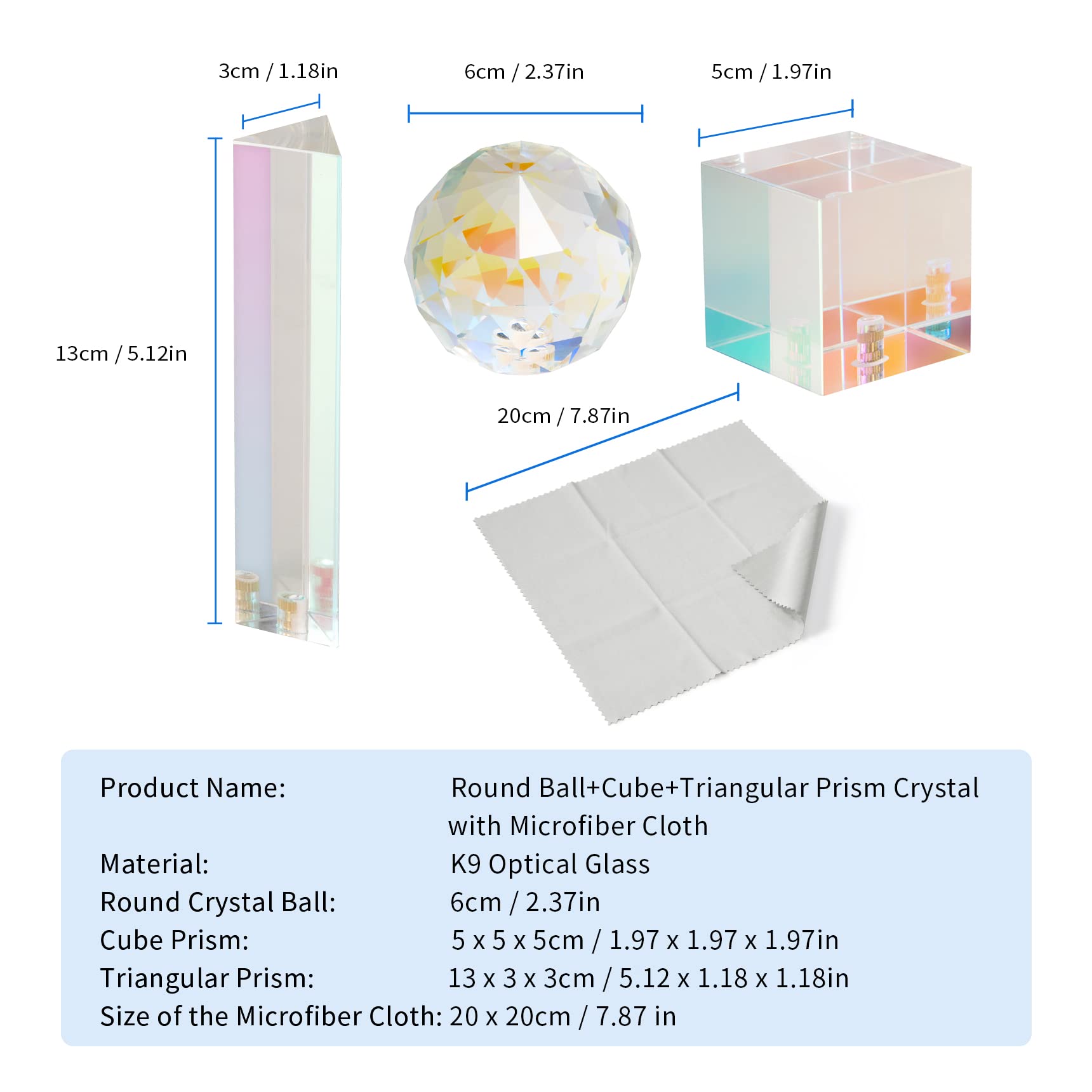 Meking 3Pcs Photography Crystal Prism with Mini Tripod, Camera Lens Optical Crystal Ball Glass, Cube and Pyramid Prism for Rainbow Effect Make Teaching Light Spectrum Physics