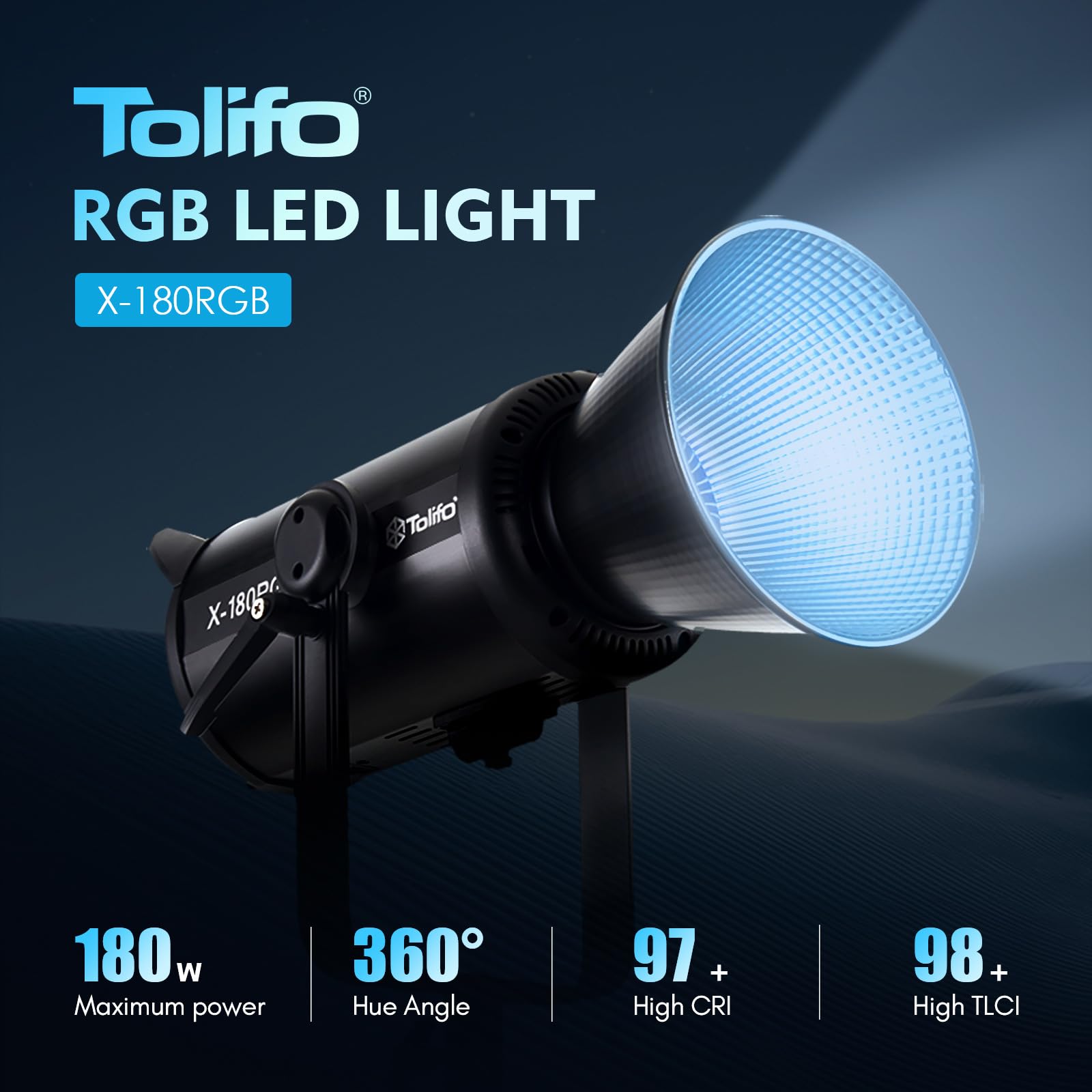 Tolifo X-180 RGB LED Video Light with 2.4G/APP Control, 180W RGB COB Continuous Output Lighting Bowens Mount 22766Lux/1m 2700K-6500K CRI 97+ TLCI 98+ for Photography Studio Video Recording