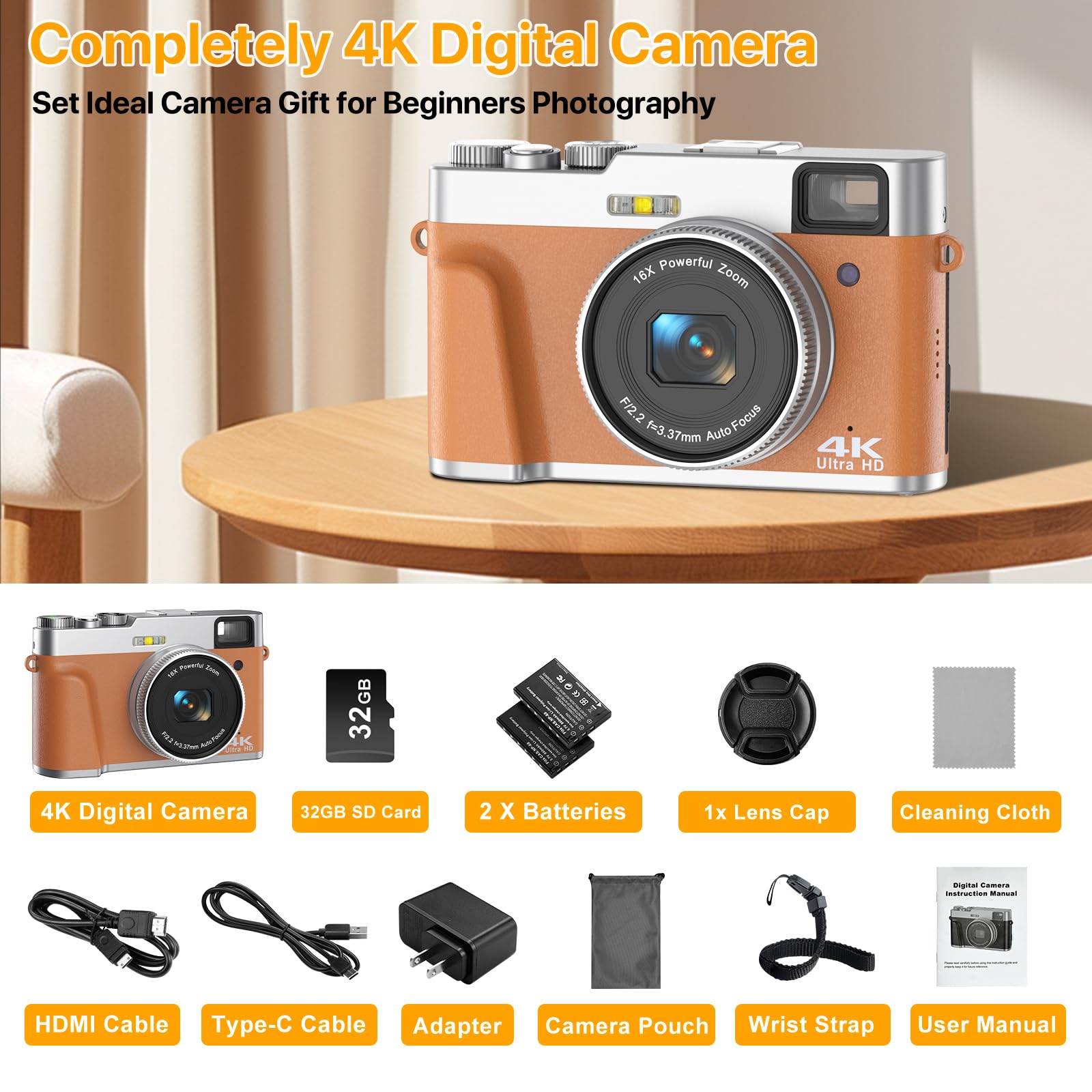 4K Digital Cameras for Photography - 48MP Autofocus Point and Shoot Digital Cameras with 32GB SD Card | Anti-Shake Vlogging Camera 16X Zoom Small Digital Camera for Beginner