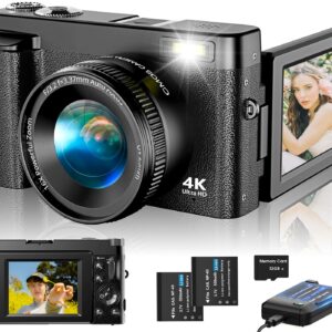 4K Digital Camera for Photography Autofocus, Upgraded 48MP Vlogging Camera for YouTube with SD Card, 3" 180 Flip Screen Compact Travel Camera with 16X Digital Zoom, Flash, Anti-Shake, 2 Batteries