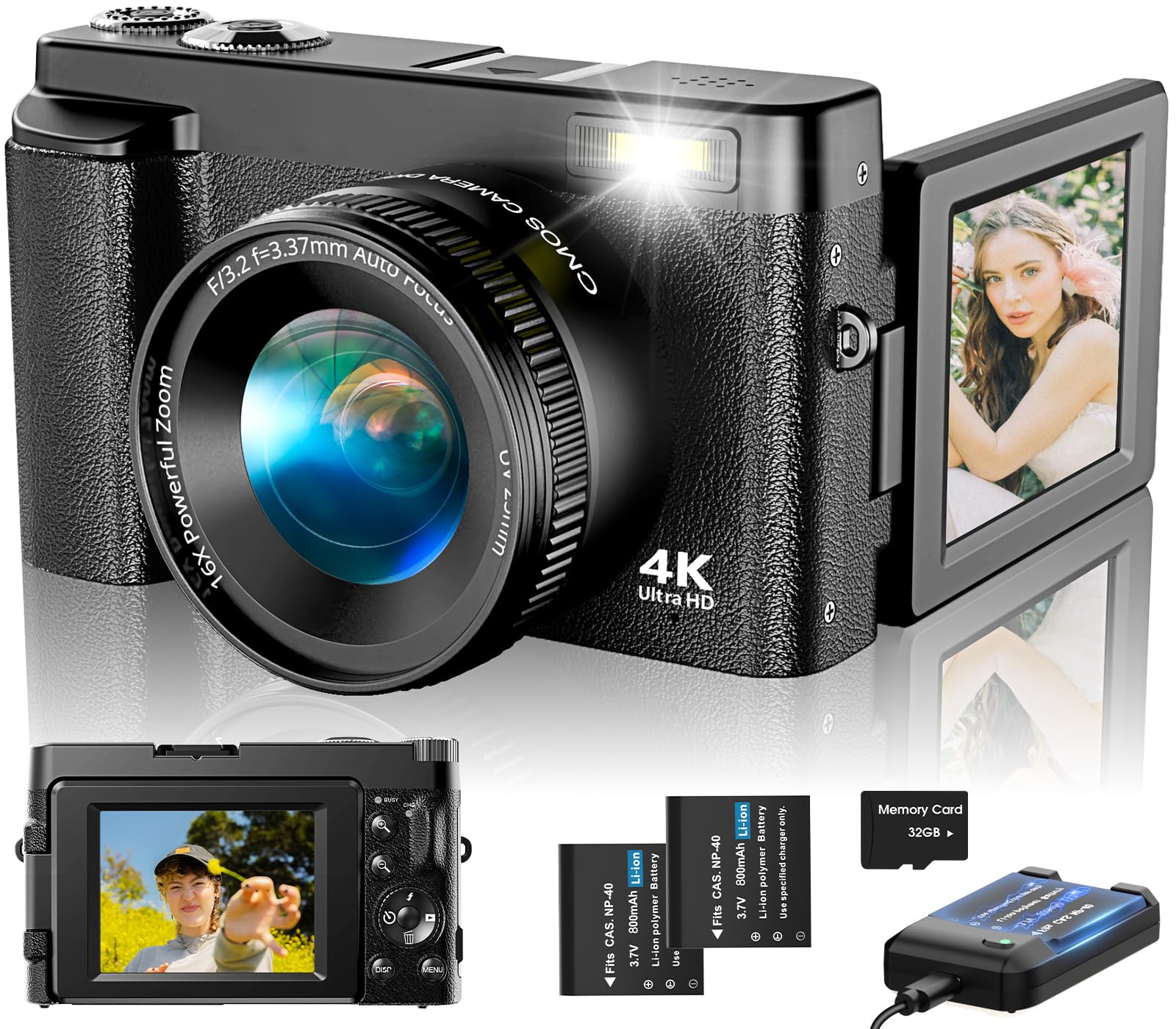 4K Digital Camera for Photography Autofocus, Upgraded 48MP Vlogging Camera for YouTube with SD Card, 3" 180 Flip Screen Compact Travel Camera with 16X Digital Zoom, Flash, Anti-Shake, 2 Batteries