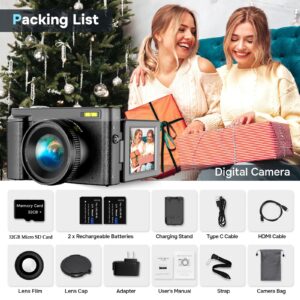 4K Digital Camera for Photography Autofocus, Upgraded 48MP Vlogging Camera for YouTube with SD Card, 3" 180 Flip Screen Compact Travel Camera with 16X Digital Zoom, Flash, Anti-Shake, 2 Batteries