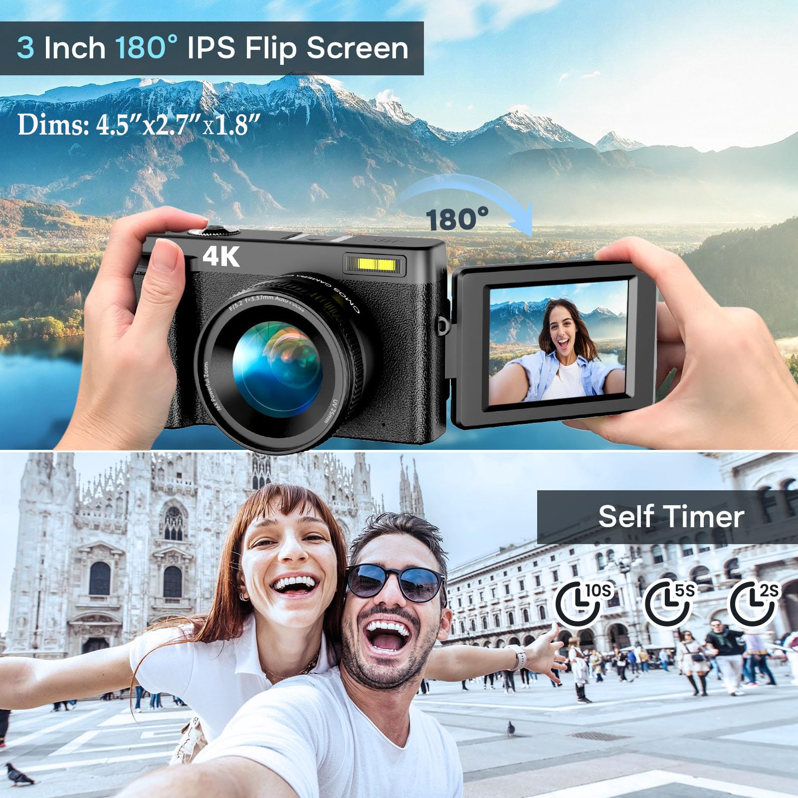 4K Digital Camera for Photography Autofocus, Upgraded 48MP Vlogging Camera for YouTube with SD Card, 3" 180 Flip Screen Compact Travel Camera with 16X Digital Zoom, Flash, Anti-Shake, 2 Batteries