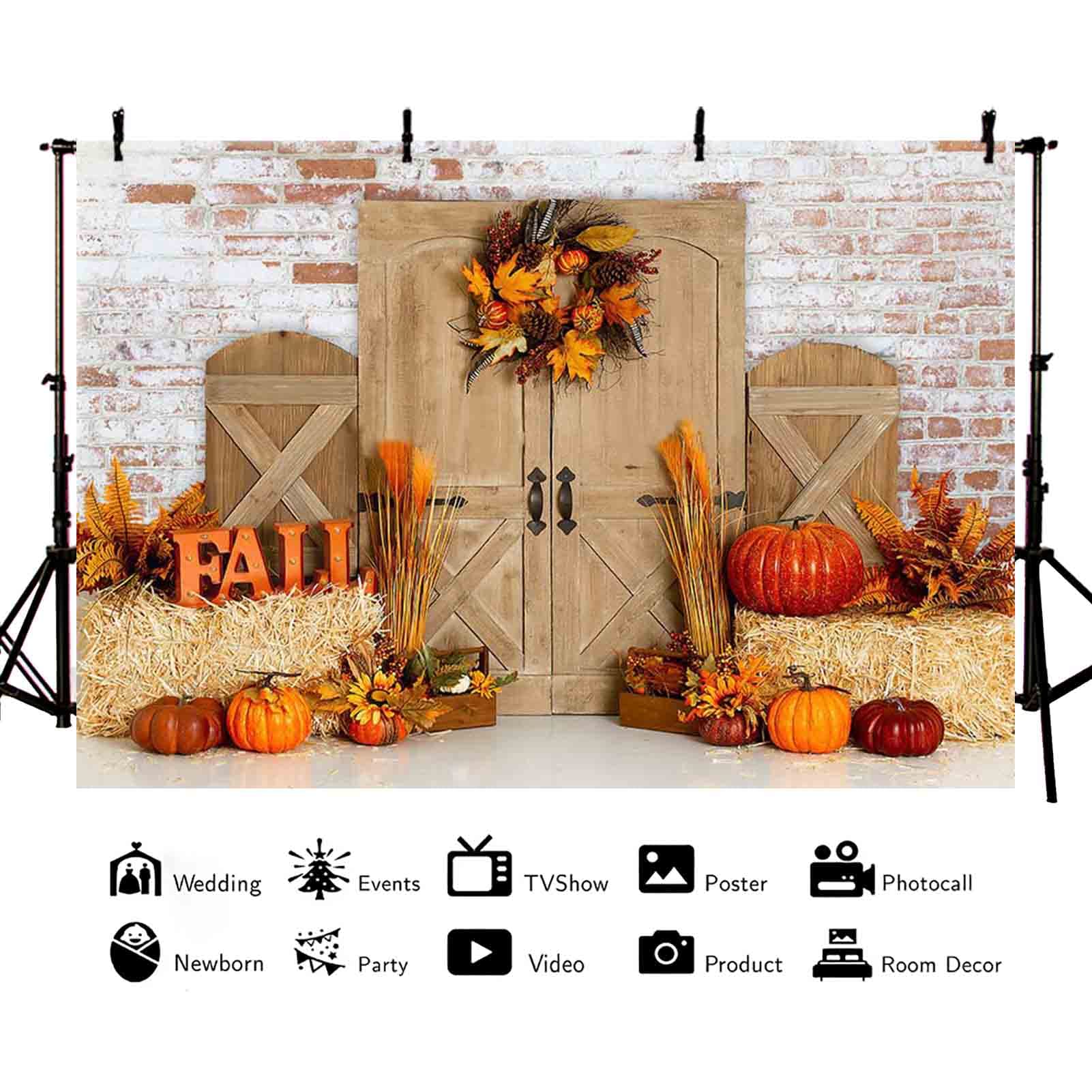 AIBIIN 10x7ft Fall Thanksgiving Backdrop for Photography Autumn Pumpkin Harvest Barn Brick Wall Background Rustic Wooden Door Haystack Landscape Maple Wreath Portrait Photoshoot Prop Studio Banner