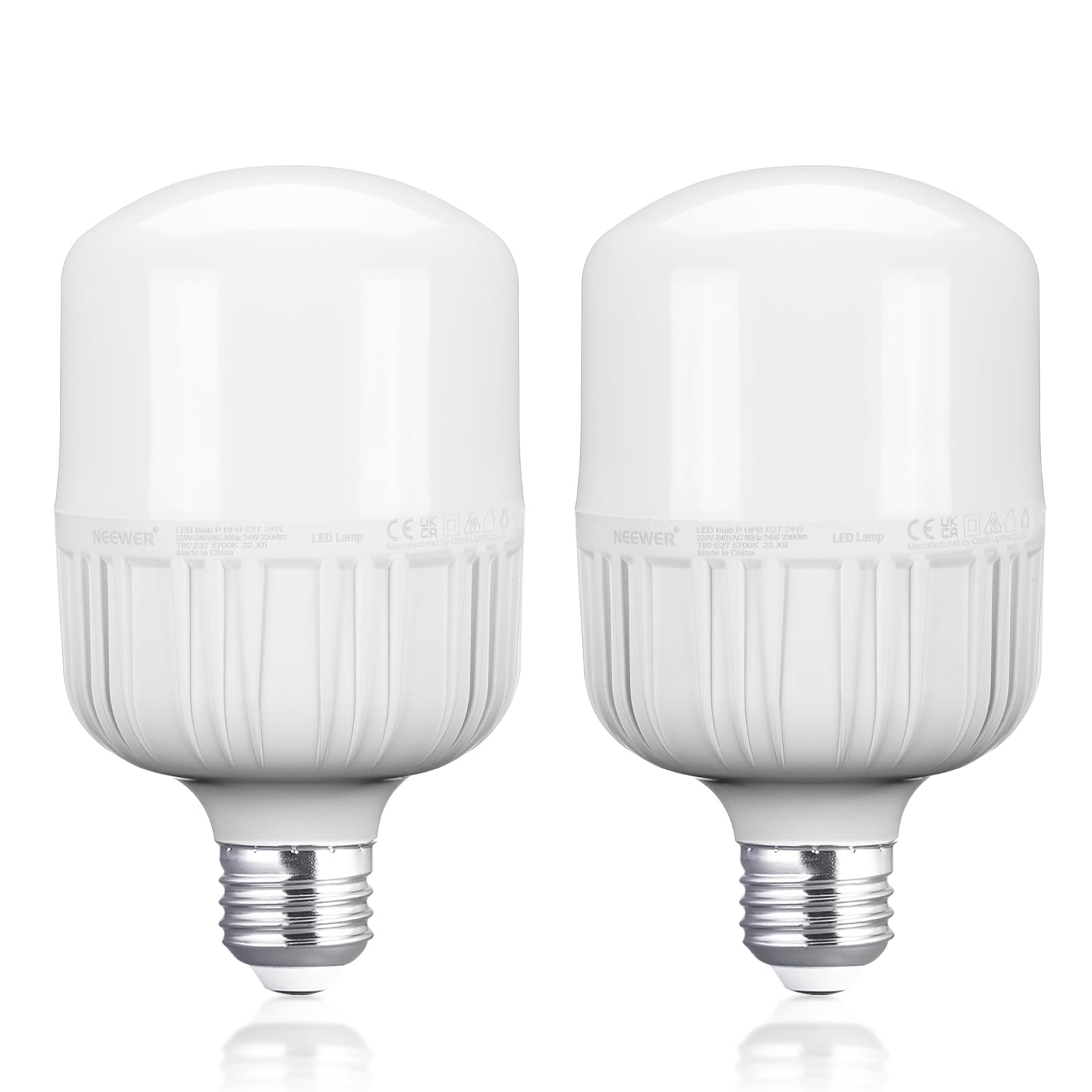 Neewer E26 24W LED Light Bulbs, 2 Packs, 2160 Lumens/5700K/CRI 93+/15000h Lifespan, Bright Video Photography Lighting, Silent/No Flicker/Non Dimmable 200W Incandescent Equivalent, UL Certified