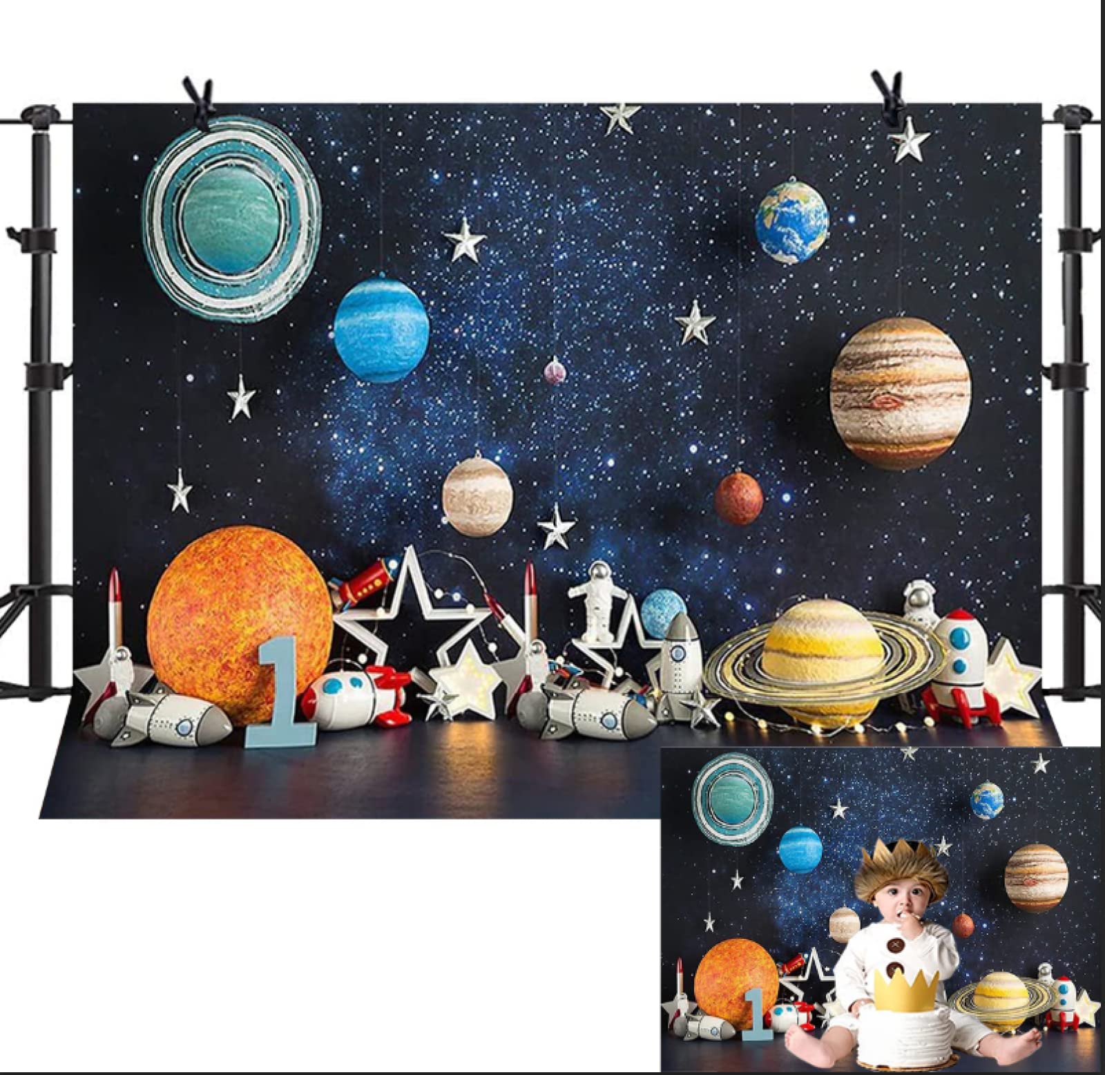 Outer Space Photography Backdrop Universe Planet Star Galaxy Astronaut Rocket Kids Birthday Party Decoration Boy Portrait Photo Background Birthday Party Cake Table Banner Vinyl,7x5ft