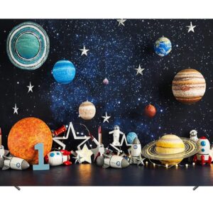 Outer Space Photography Backdrop Universe Planet Star Galaxy Astronaut Rocket Kids Birthday Party Decoration Boy Portrait Photo Background Birthday Party Cake Table Banner Vinyl,7x5ft